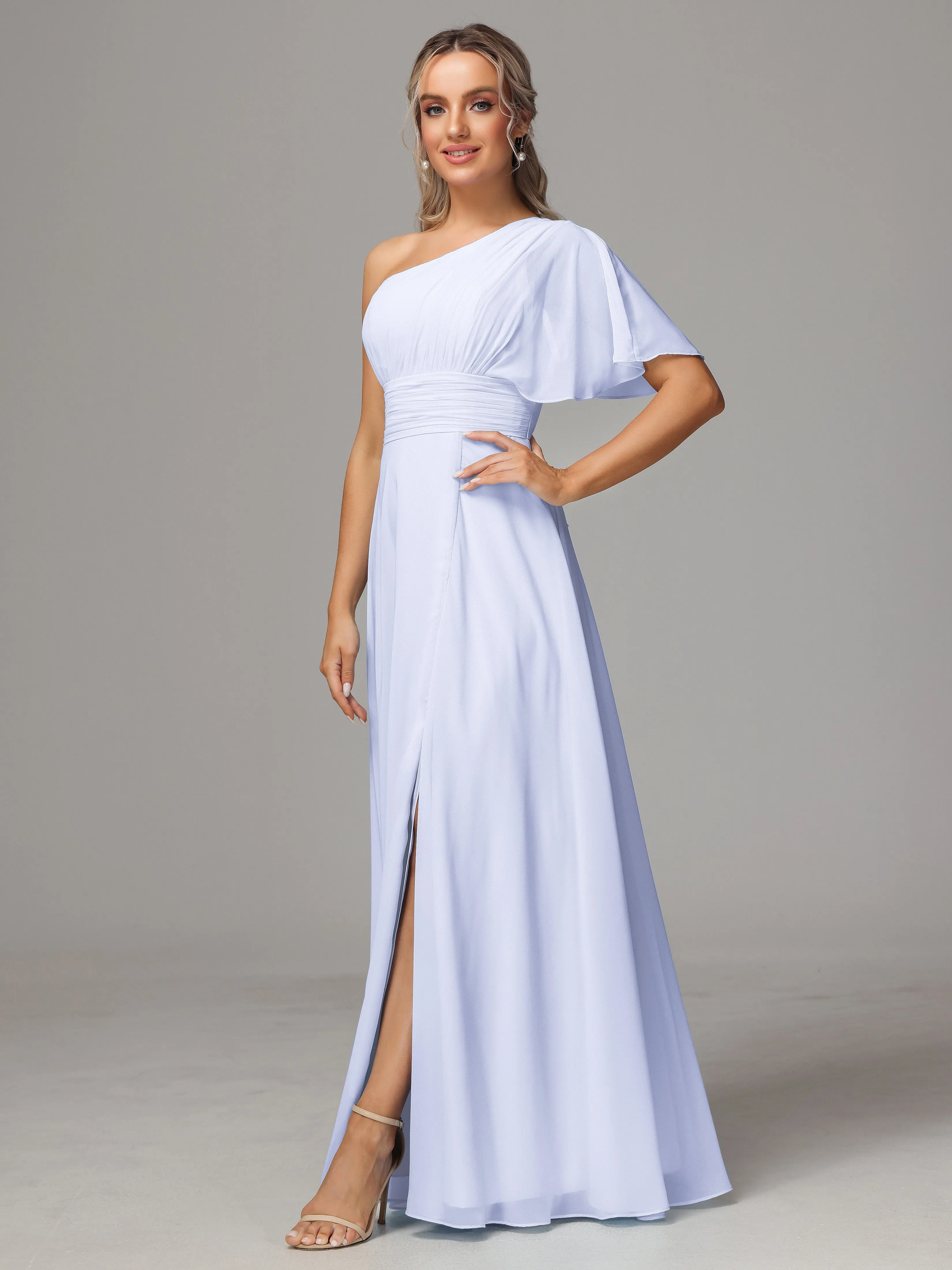 One Shoulder Ruffles Chiffon Bridesmaid Dresses With Split