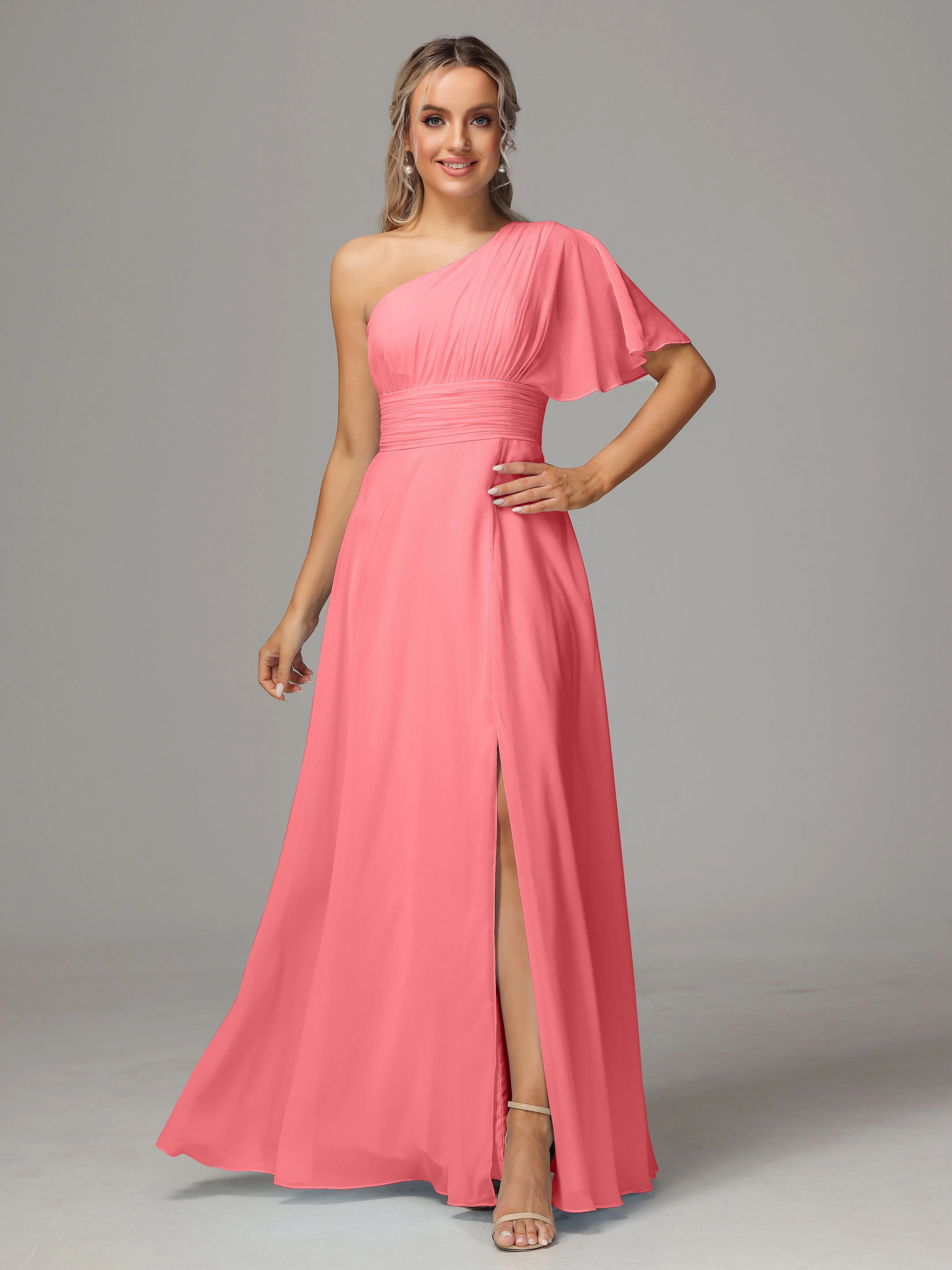 One Shoulder Ruffles Chiffon Bridesmaid Dresses With Split