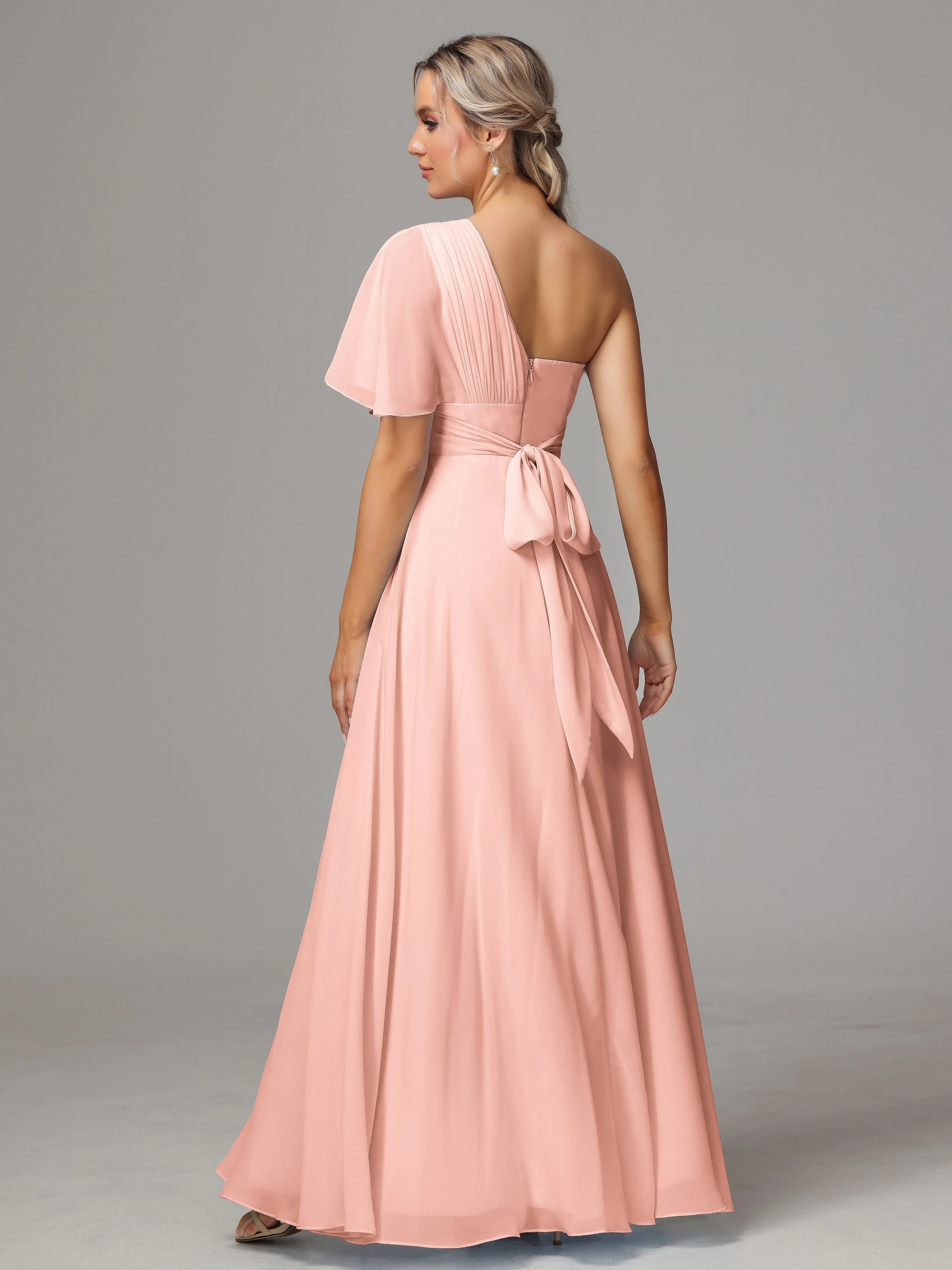 One Shoulder Ruffles Chiffon Bridesmaid Dresses With Split