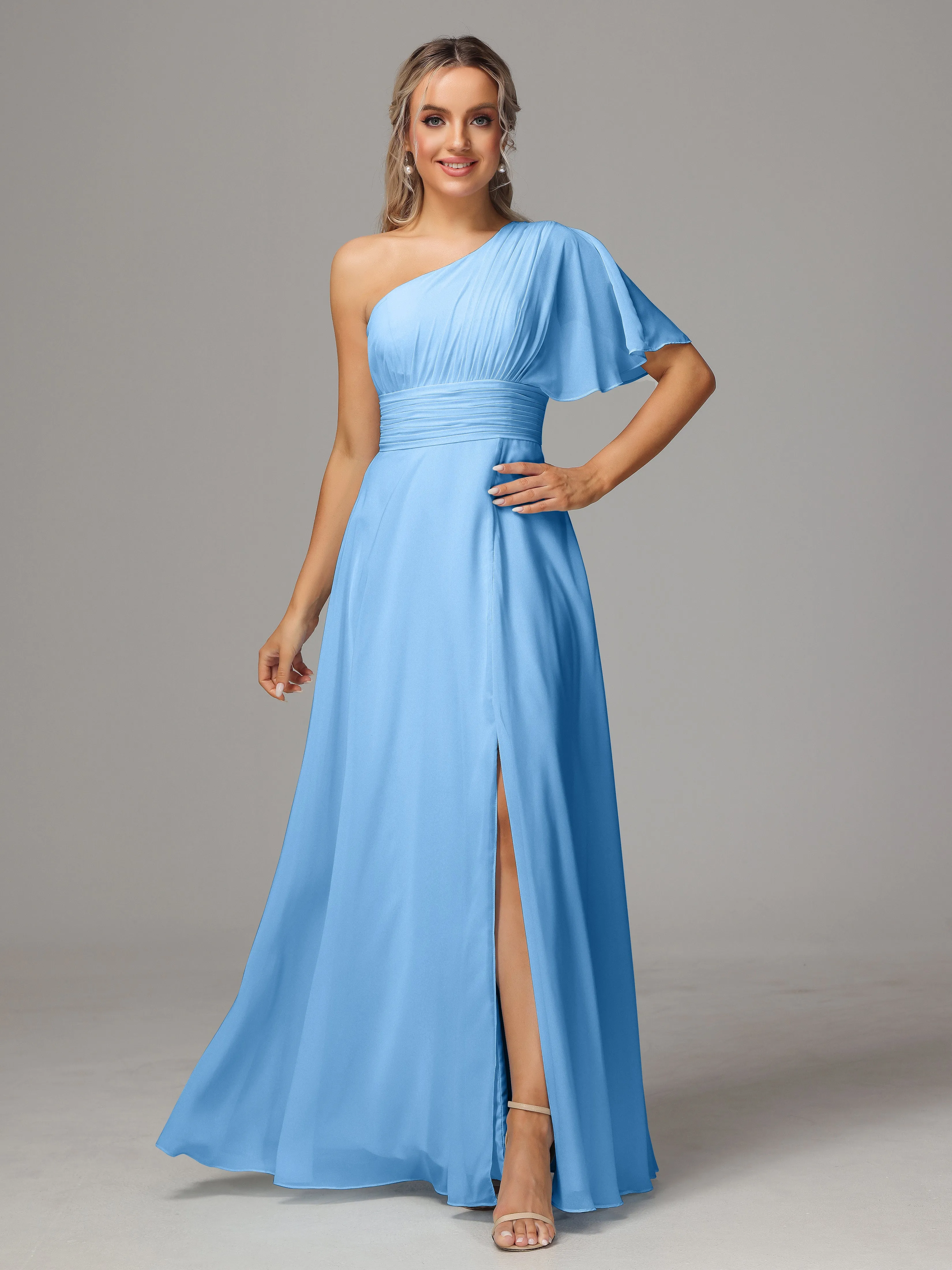 One Shoulder Ruffles Chiffon Bridesmaid Dresses With Split