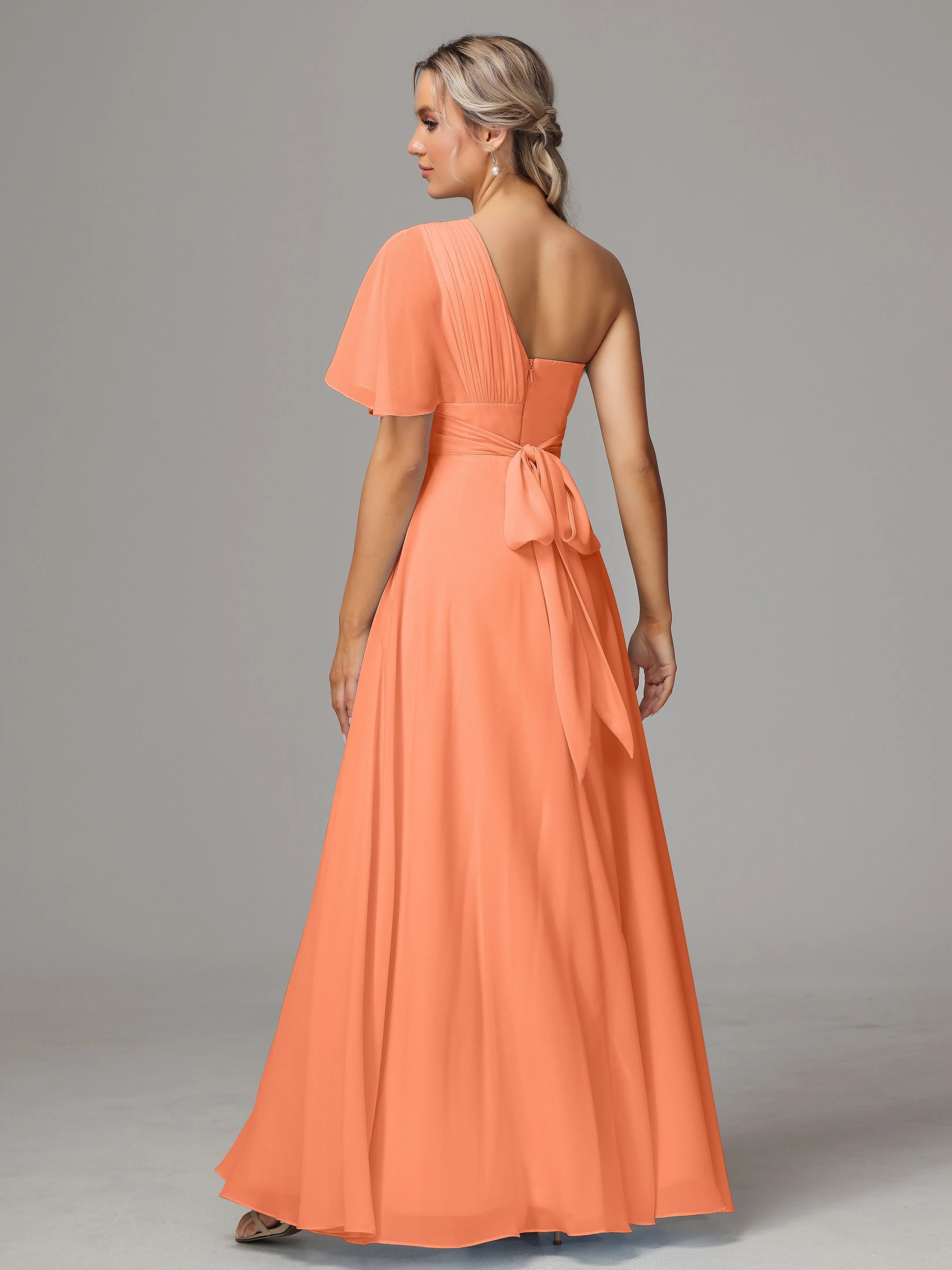 One Shoulder Ruffles Chiffon Bridesmaid Dresses With Split