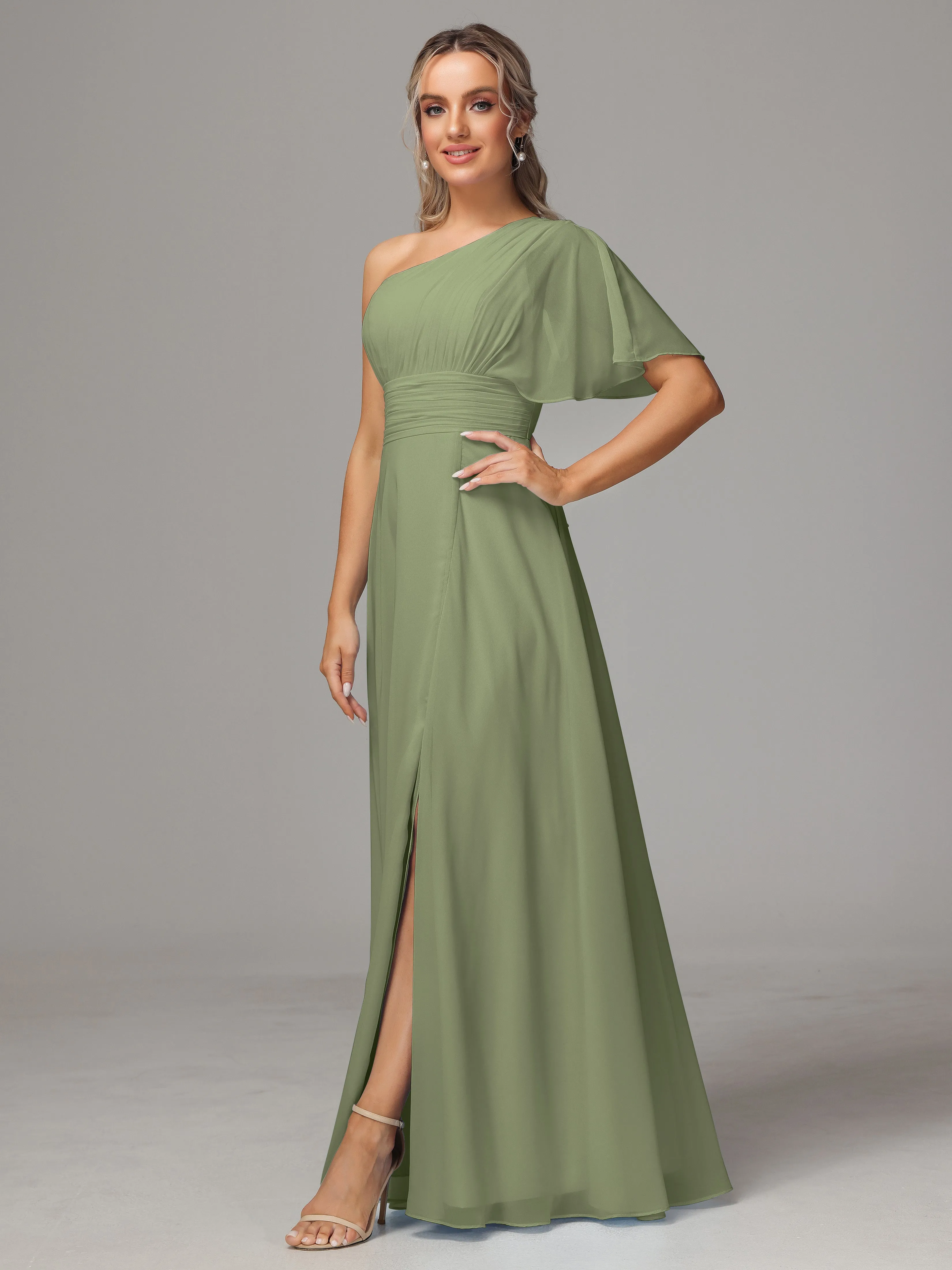 One Shoulder Ruffles Chiffon Bridesmaid Dresses With Split