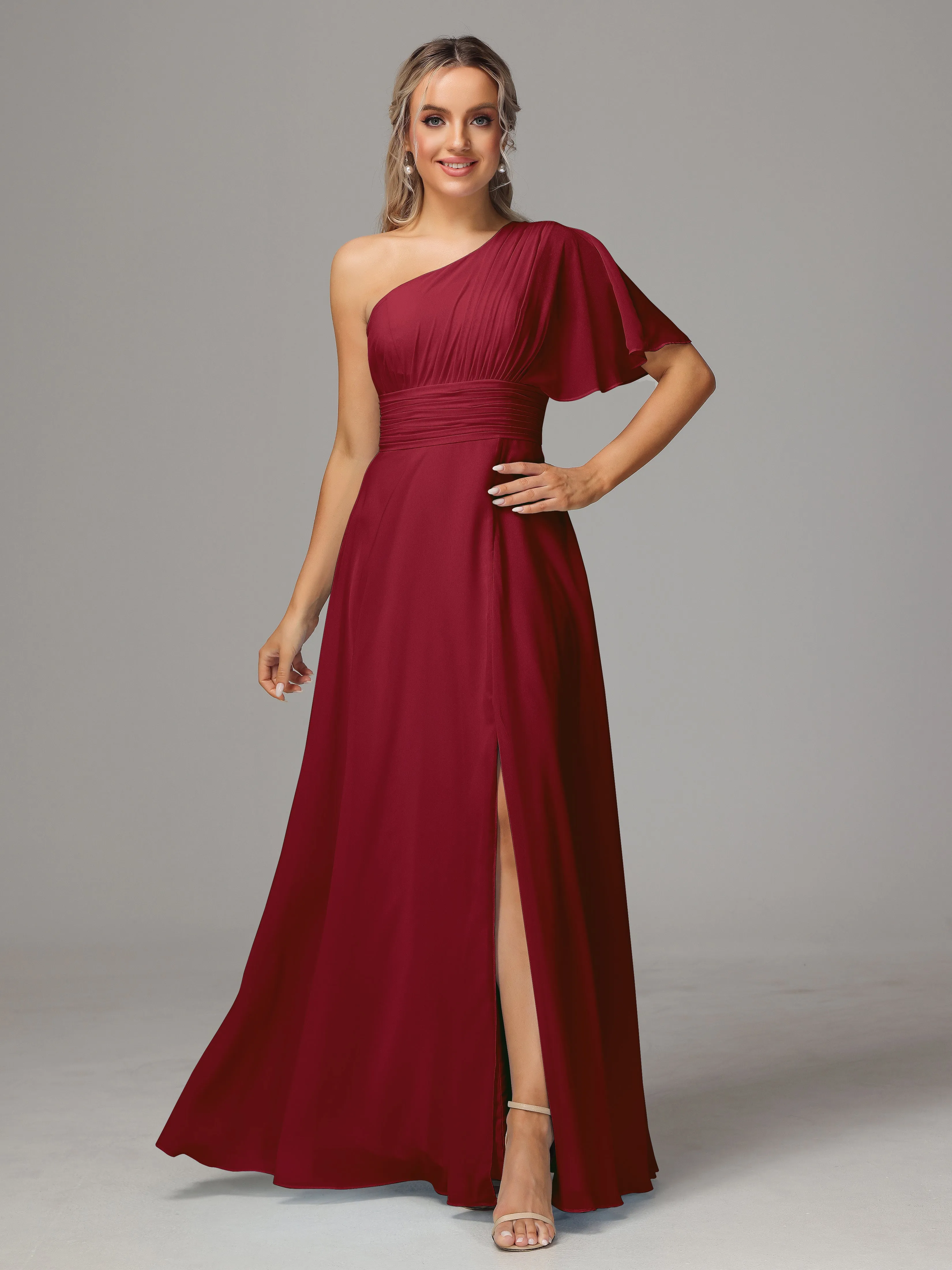 One Shoulder Ruffles Chiffon Bridesmaid Dresses With Split