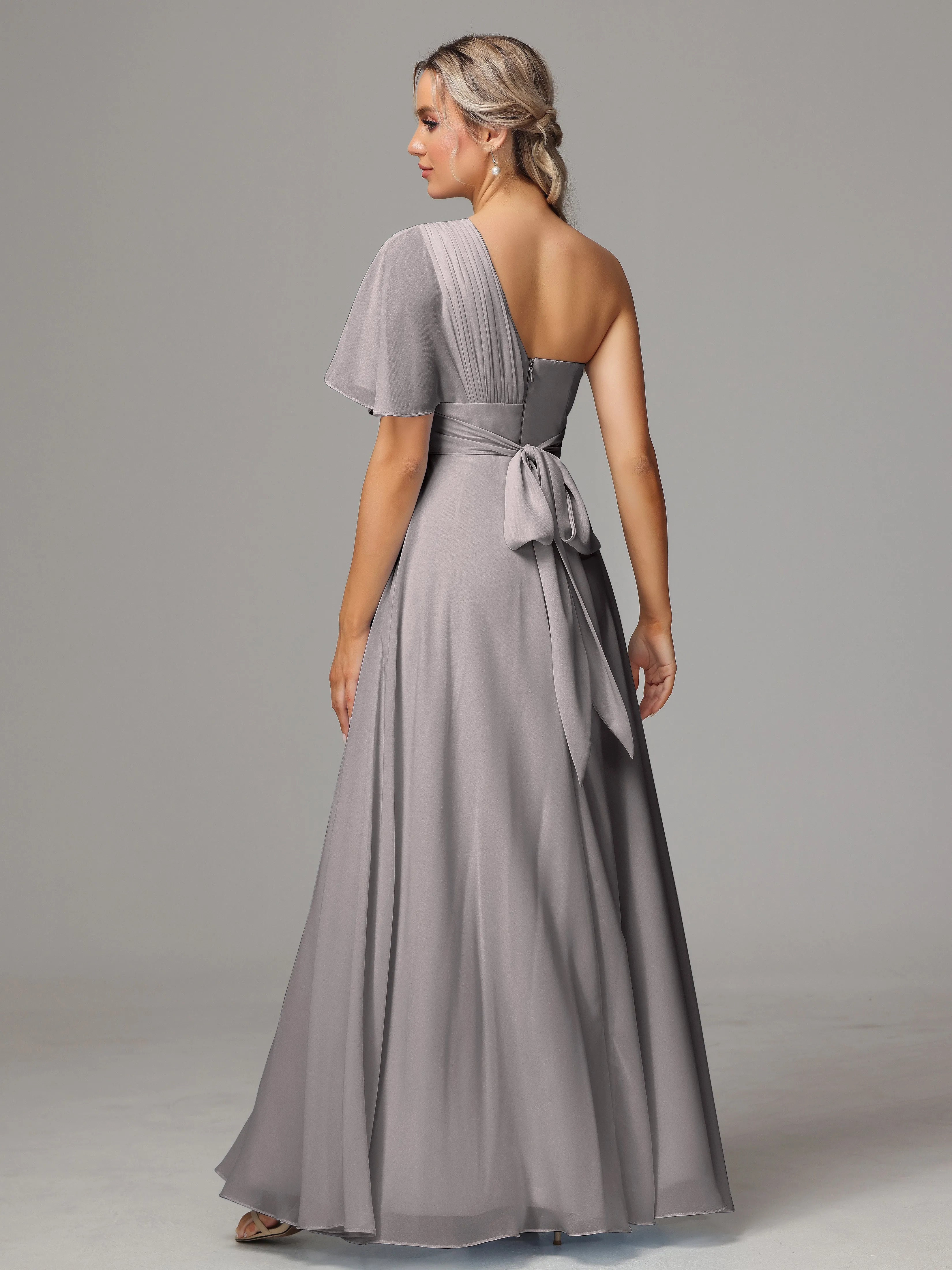 One Shoulder Ruffles Chiffon Bridesmaid Dresses With Split