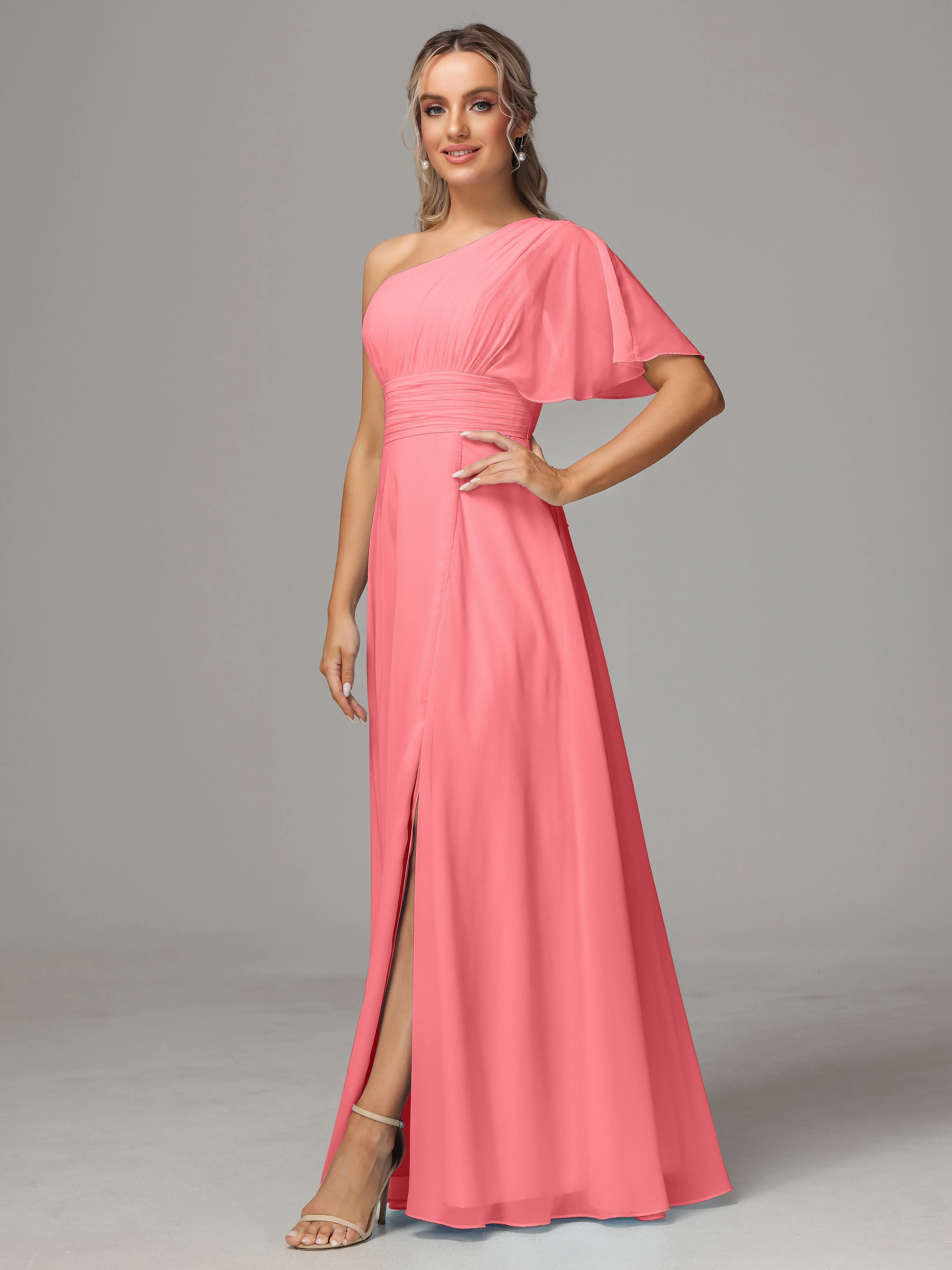 One Shoulder Ruffles Chiffon Bridesmaid Dresses With Split