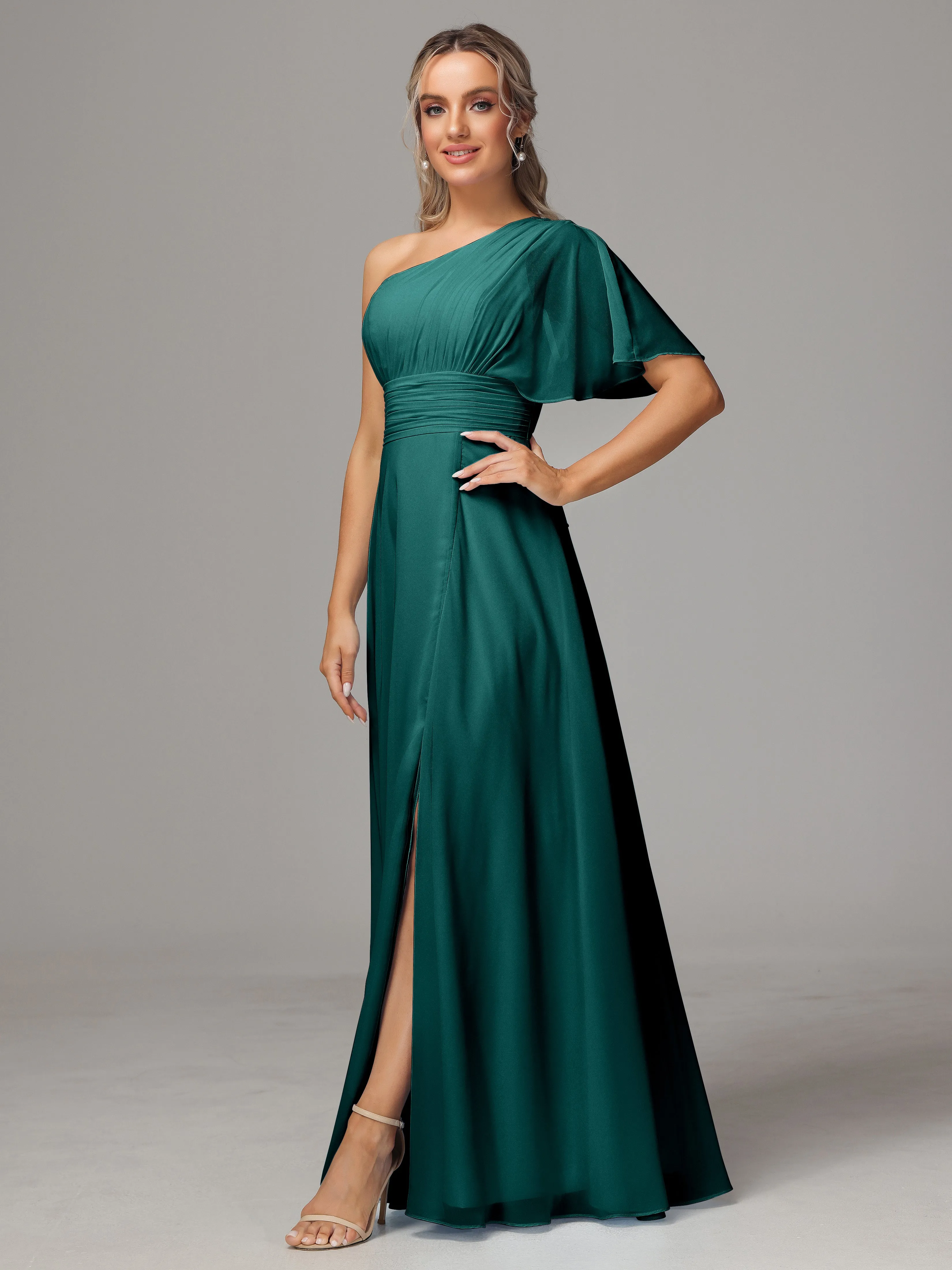 One Shoulder Ruffles Chiffon Bridesmaid Dresses With Split