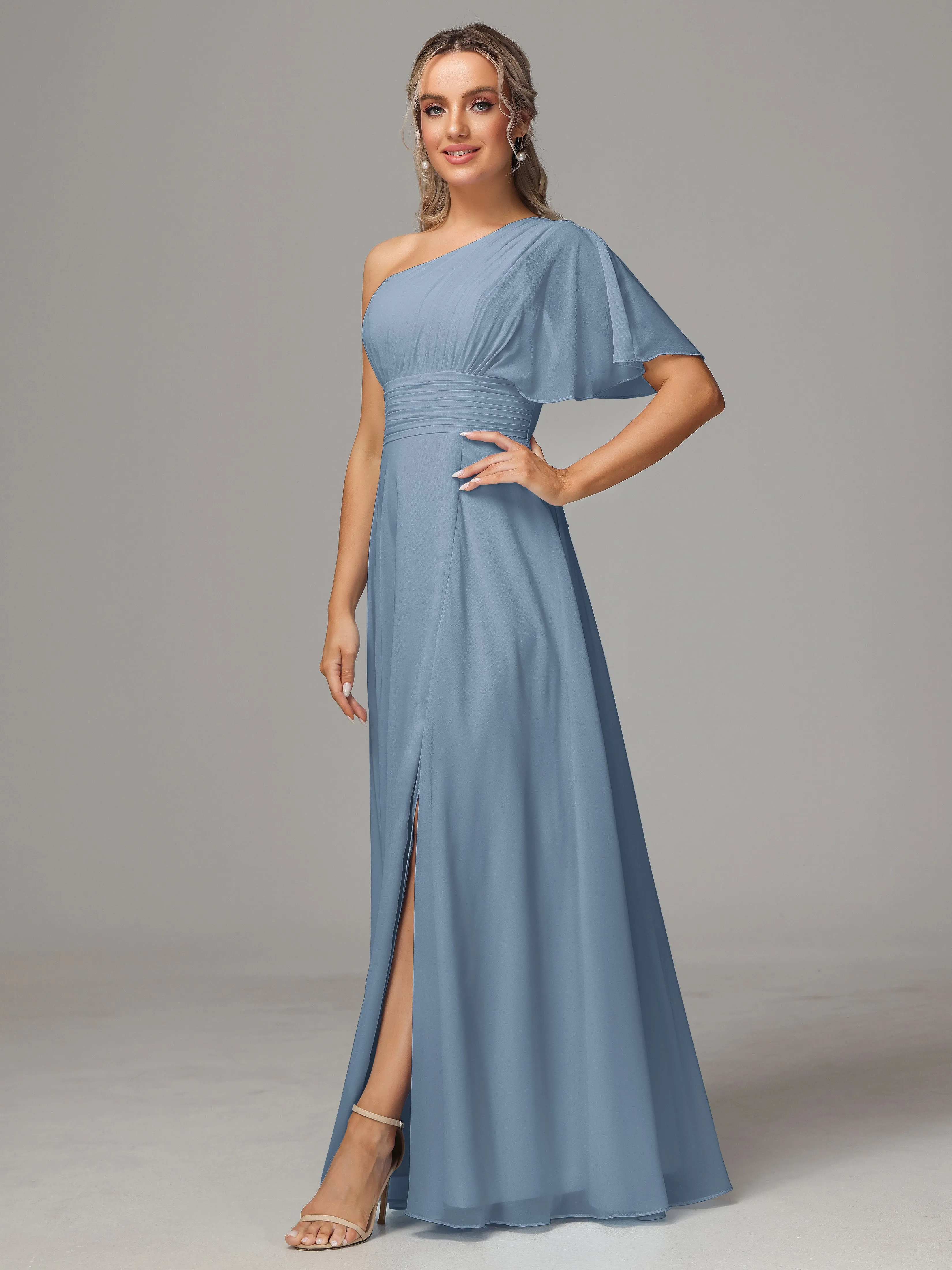 One Shoulder Ruffles Chiffon Bridesmaid Dresses With Split