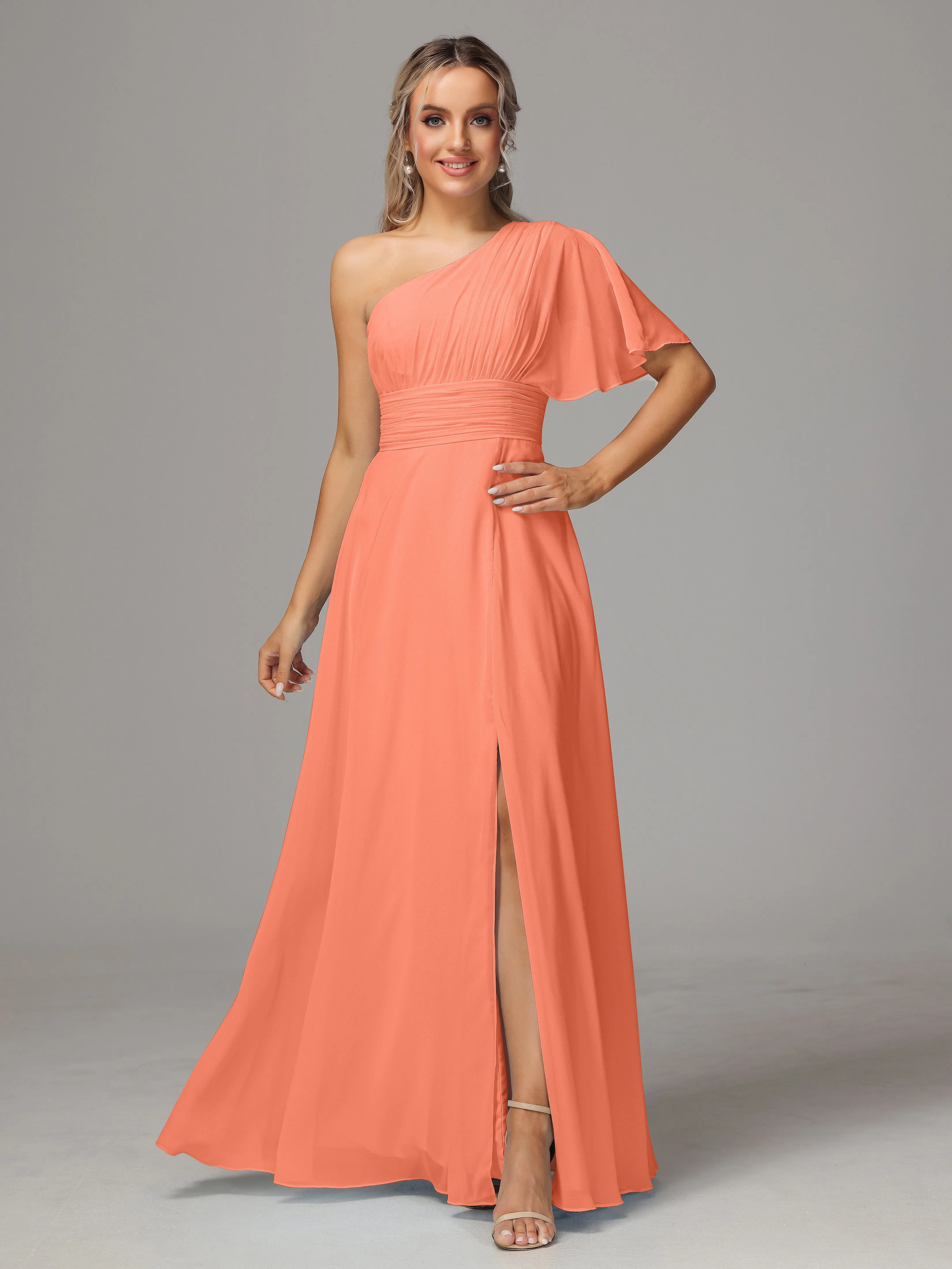 One Shoulder Ruffles Chiffon Bridesmaid Dresses With Split