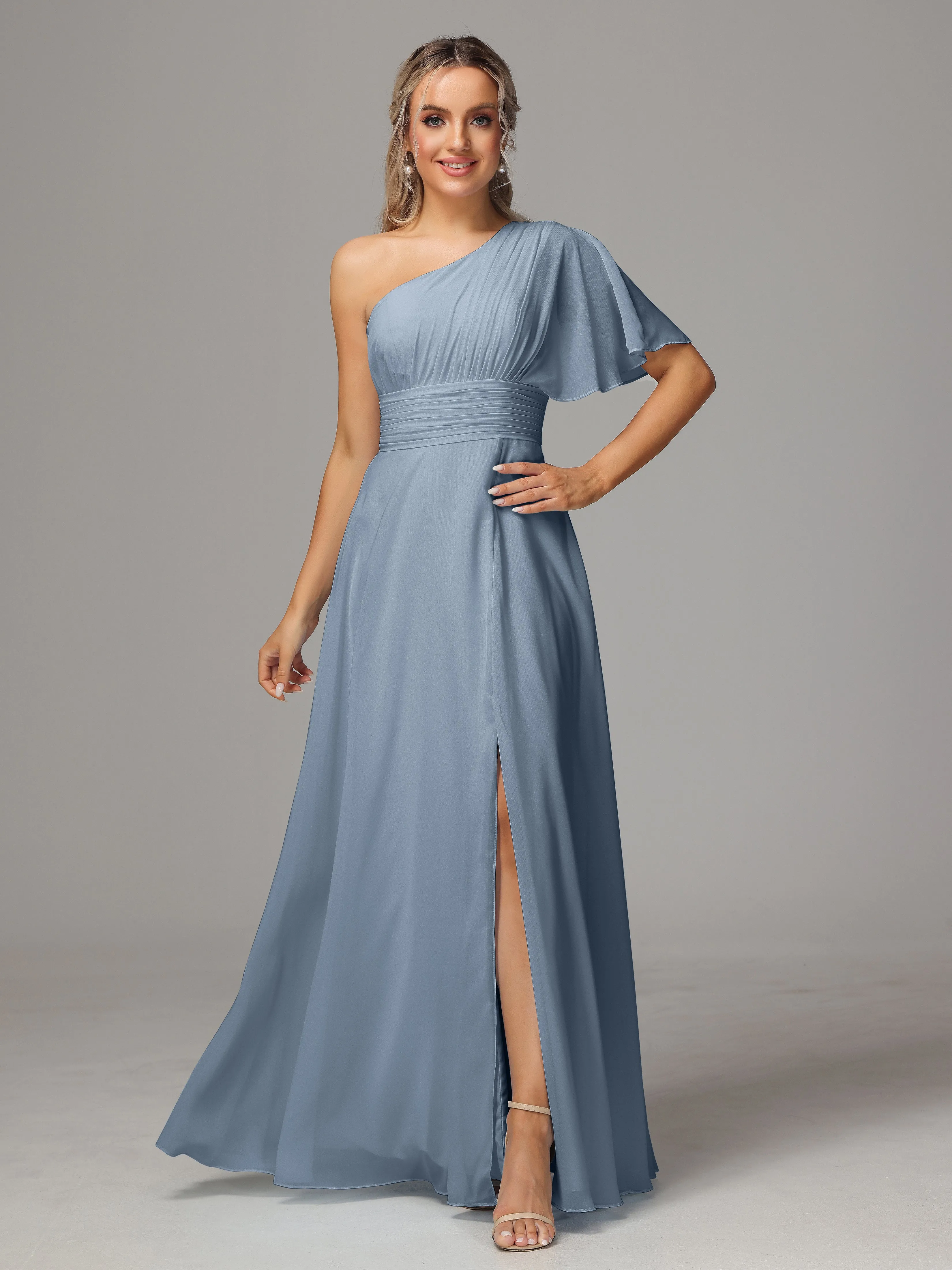 One Shoulder Ruffles Chiffon Bridesmaid Dresses With Split