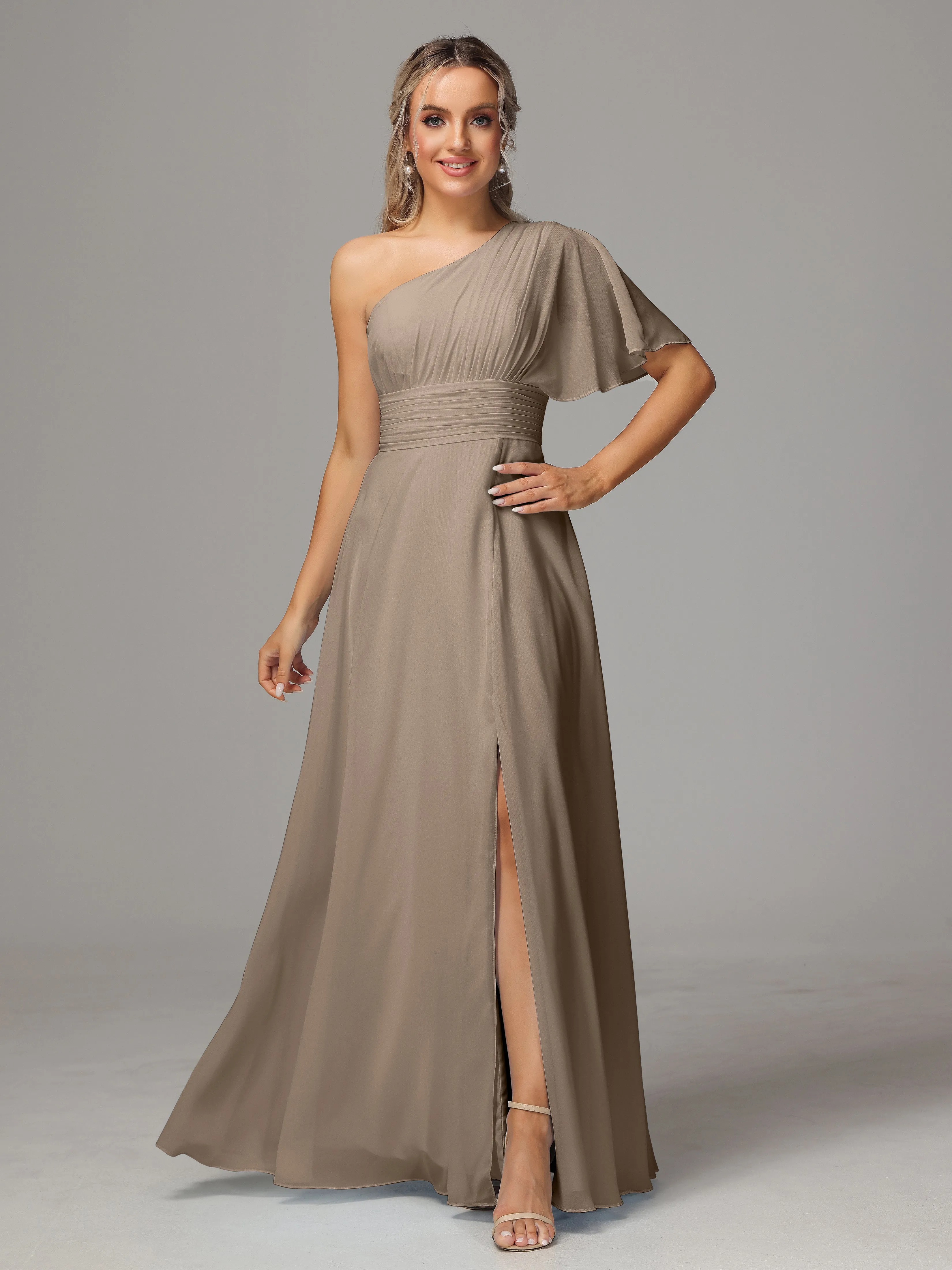 One Shoulder Ruffles Chiffon Bridesmaid Dresses With Split