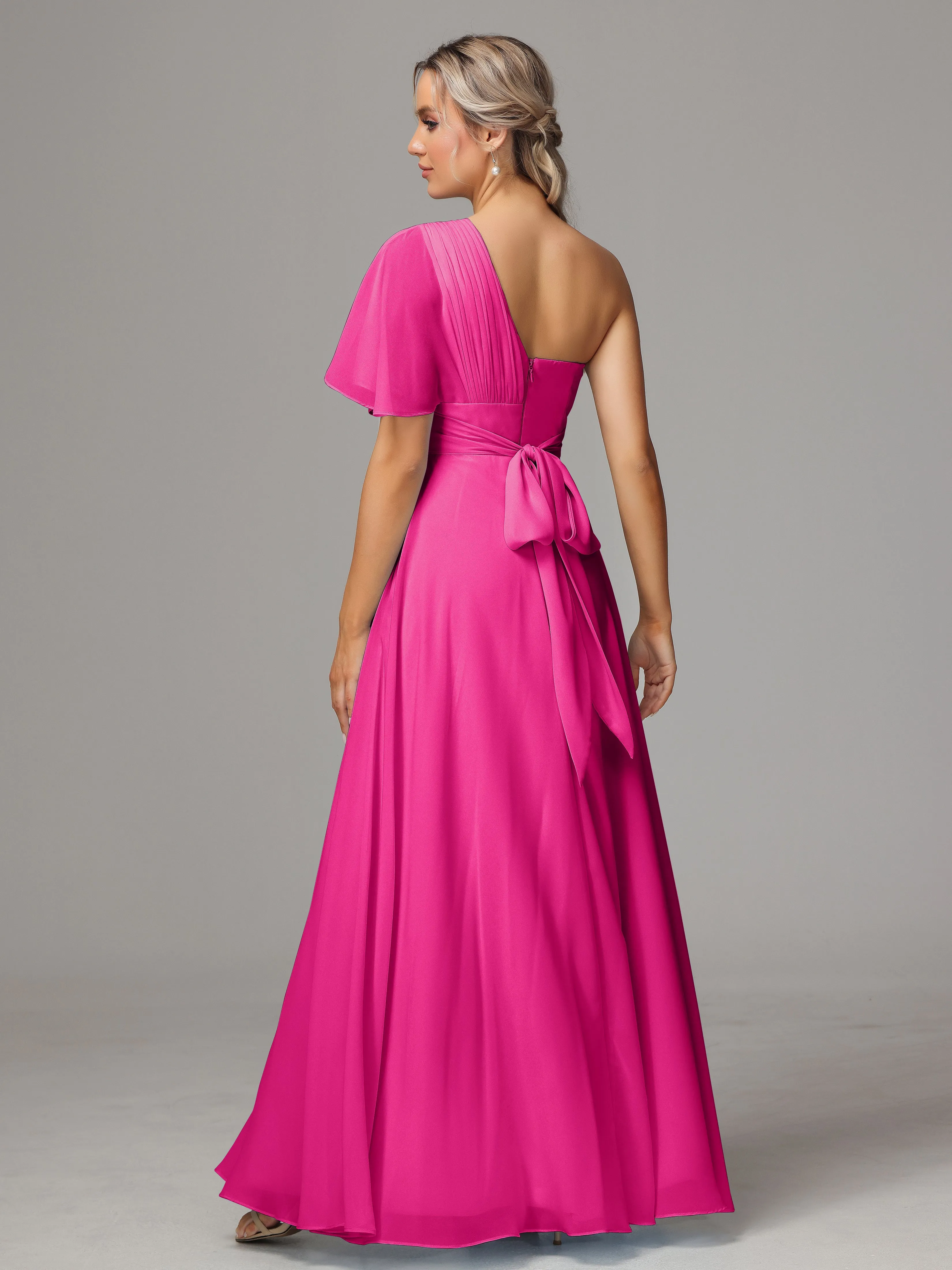 One Shoulder Ruffles Chiffon Bridesmaid Dresses With Split