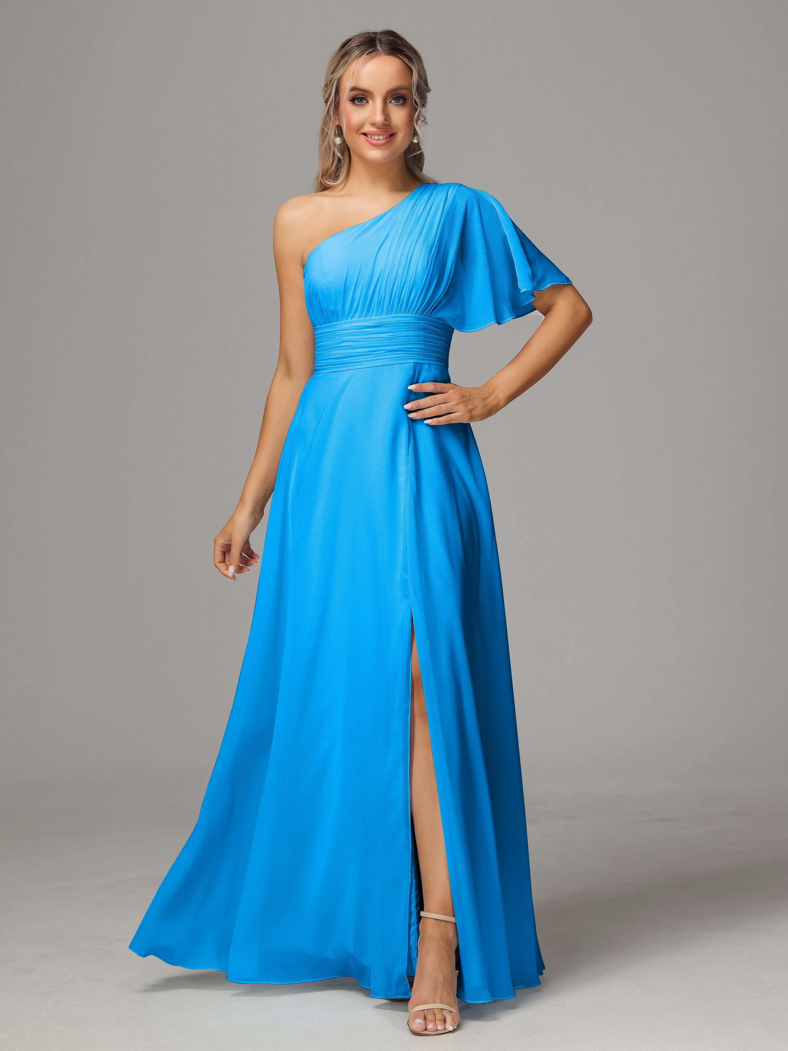 One Shoulder Ruffles Chiffon Bridesmaid Dresses With Split