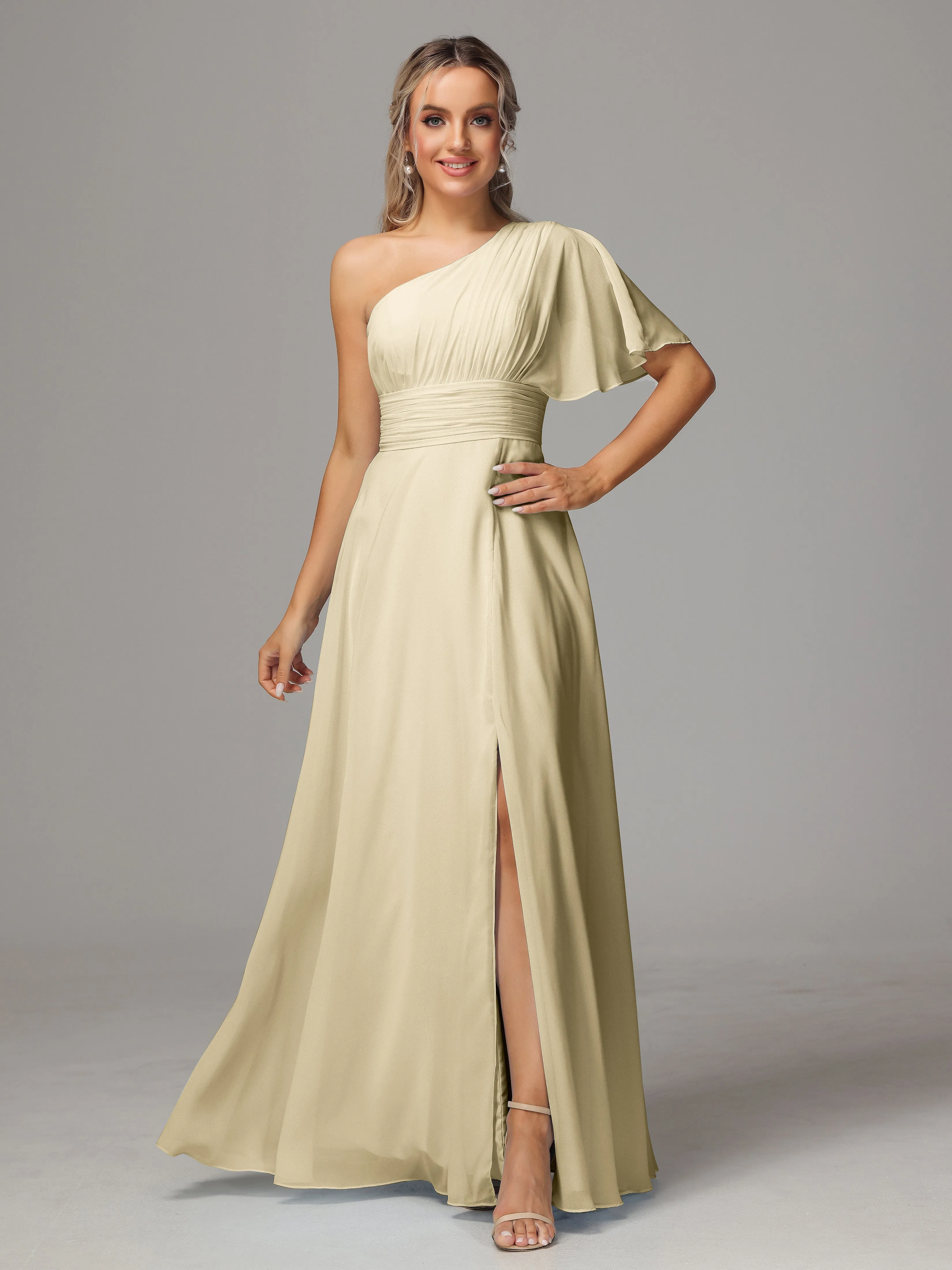 One Shoulder Ruffles Chiffon Bridesmaid Dresses With Split