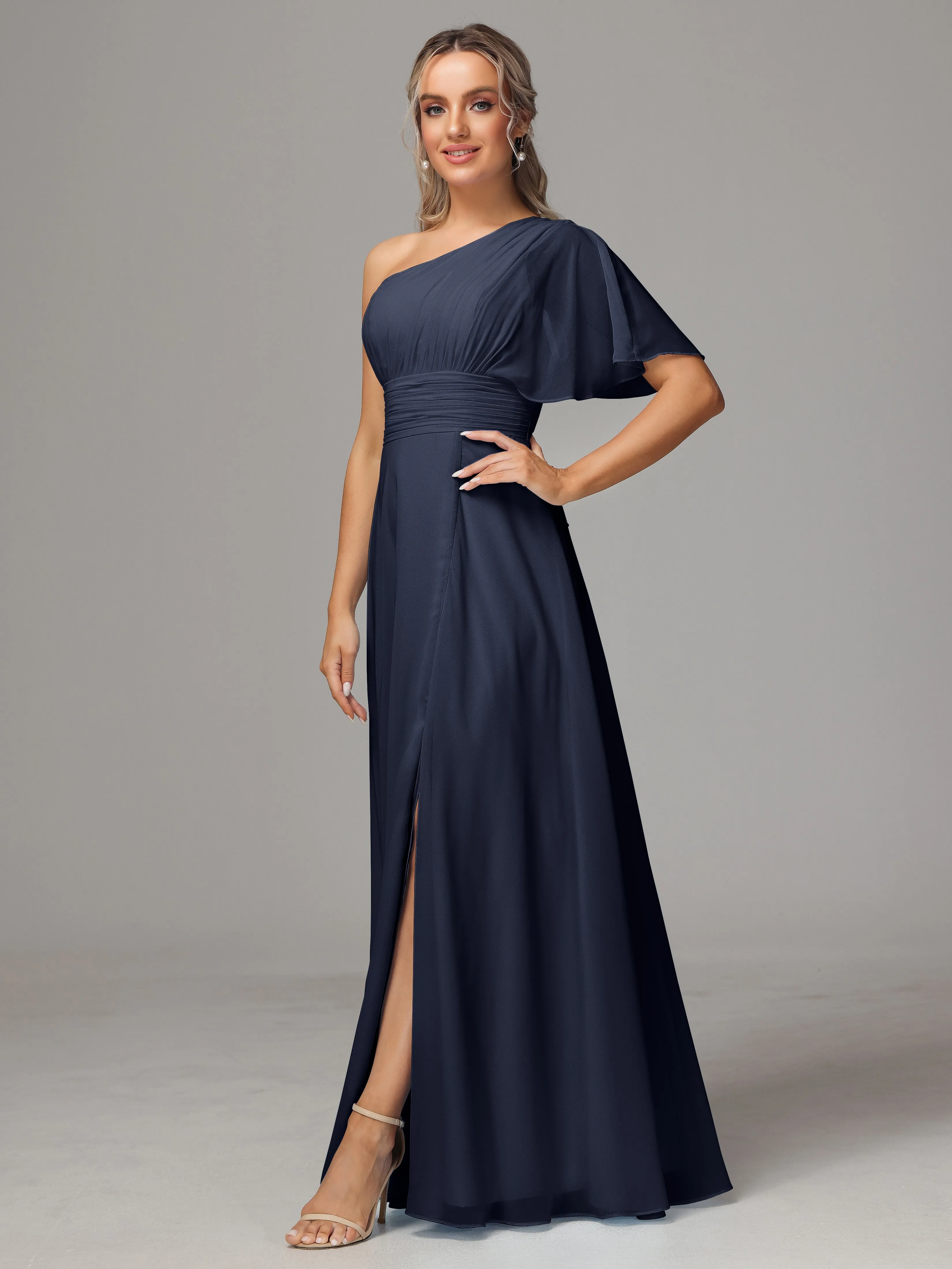 One Shoulder Ruffles Chiffon Bridesmaid Dresses With Split