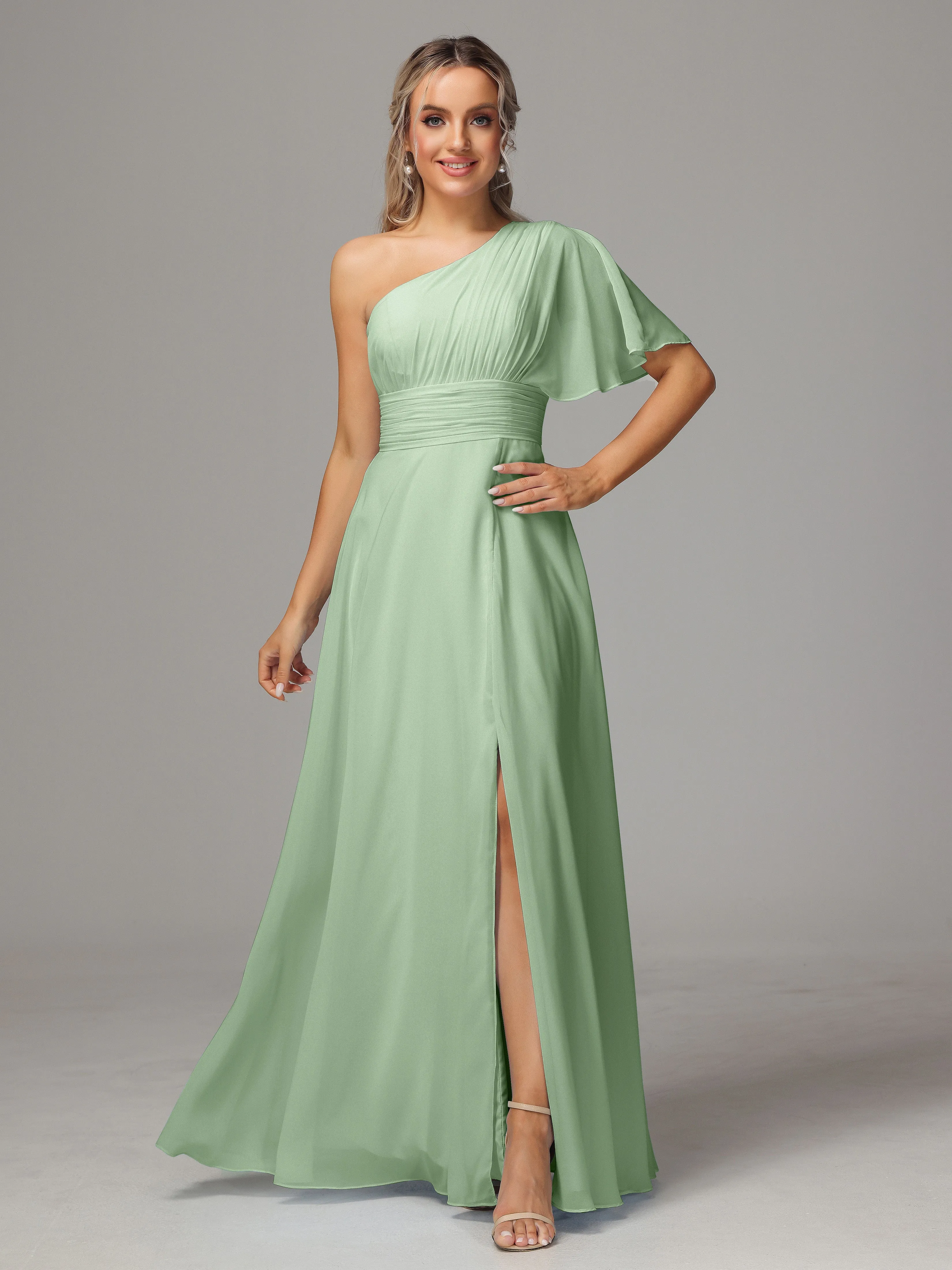 One Shoulder Ruffles Chiffon Bridesmaid Dresses With Split