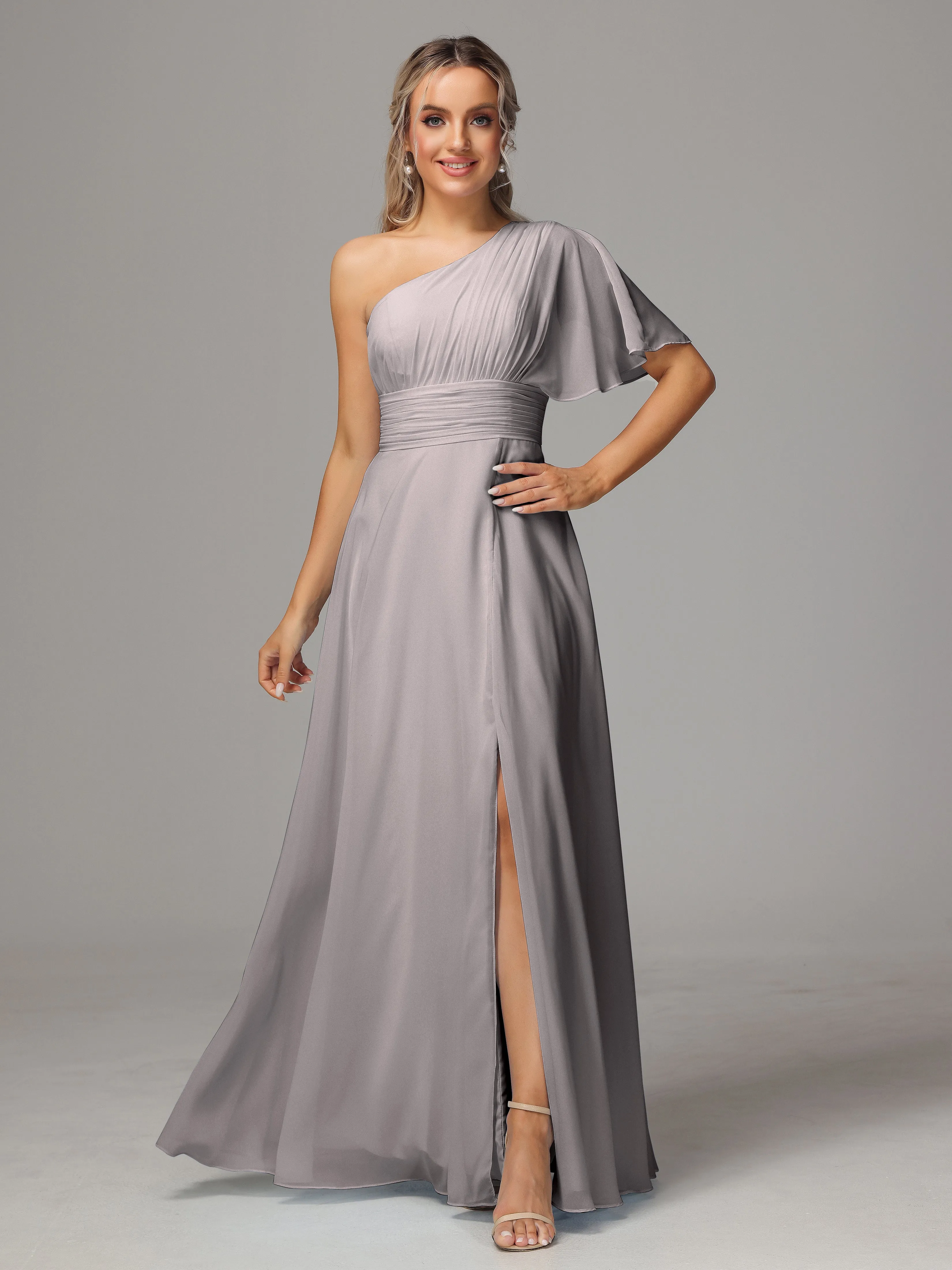 One Shoulder Ruffles Chiffon Bridesmaid Dresses With Split