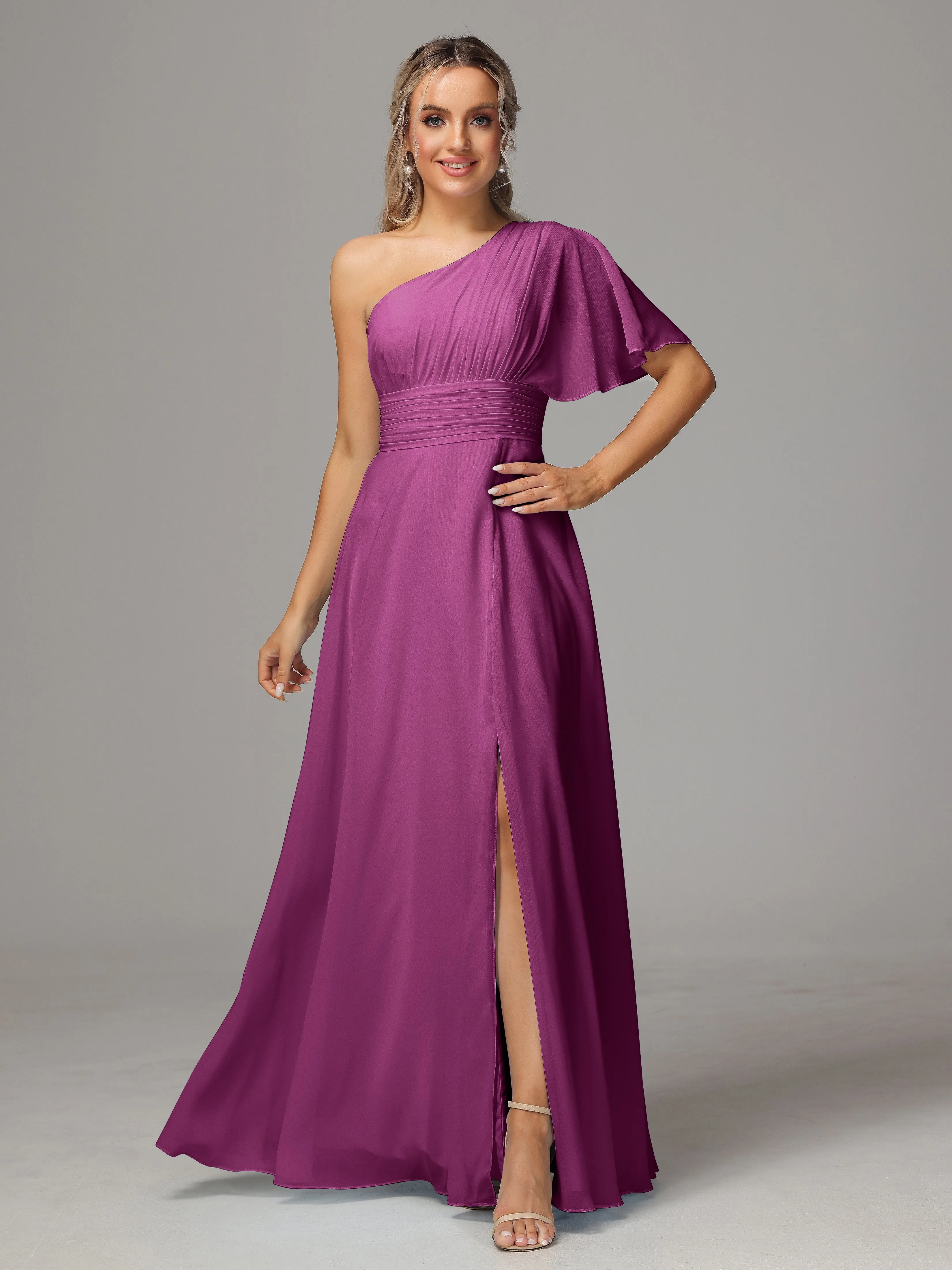 One Shoulder Ruffles Chiffon Bridesmaid Dresses With Split