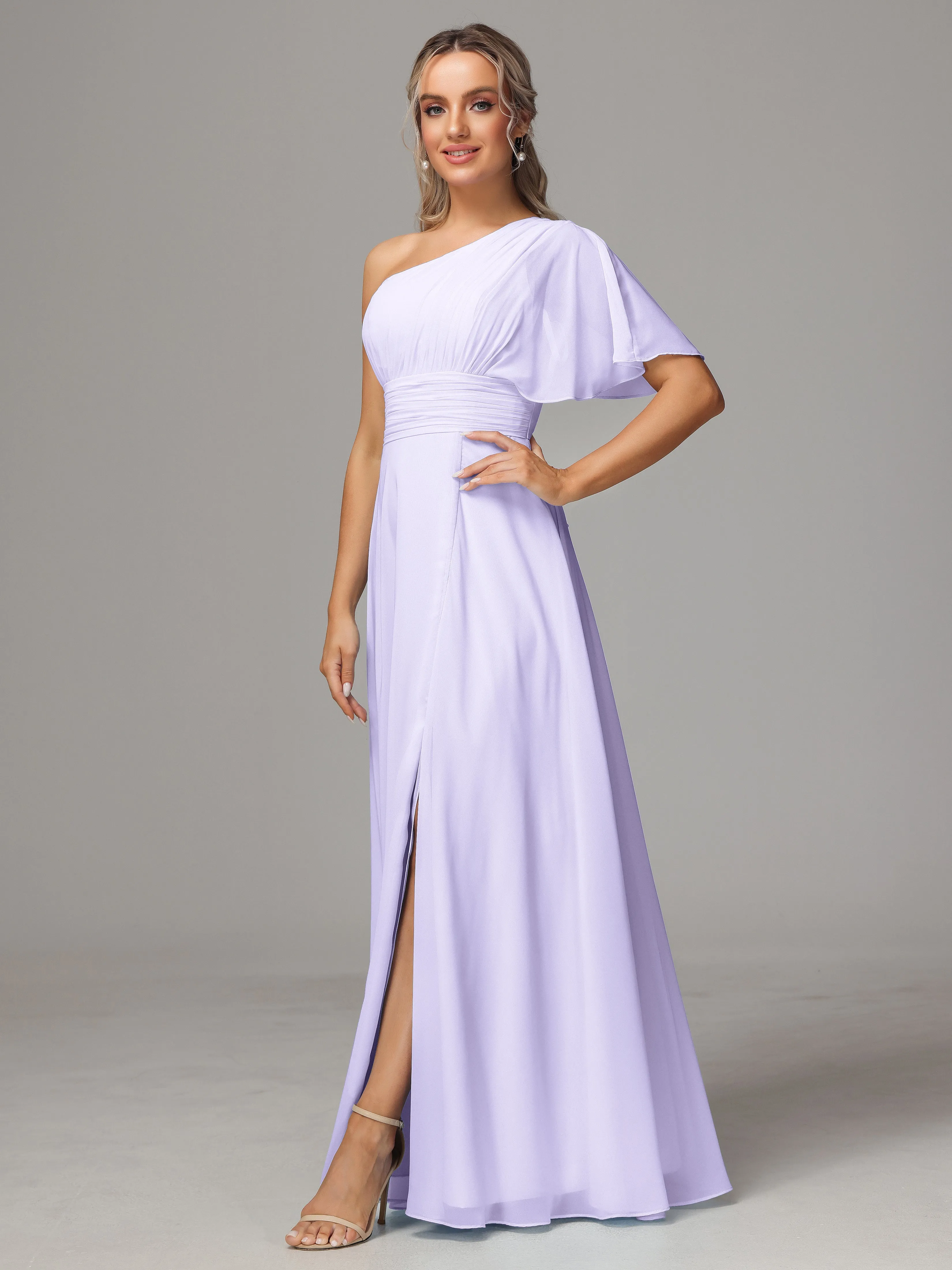 One Shoulder Ruffles Chiffon Bridesmaid Dresses With Split