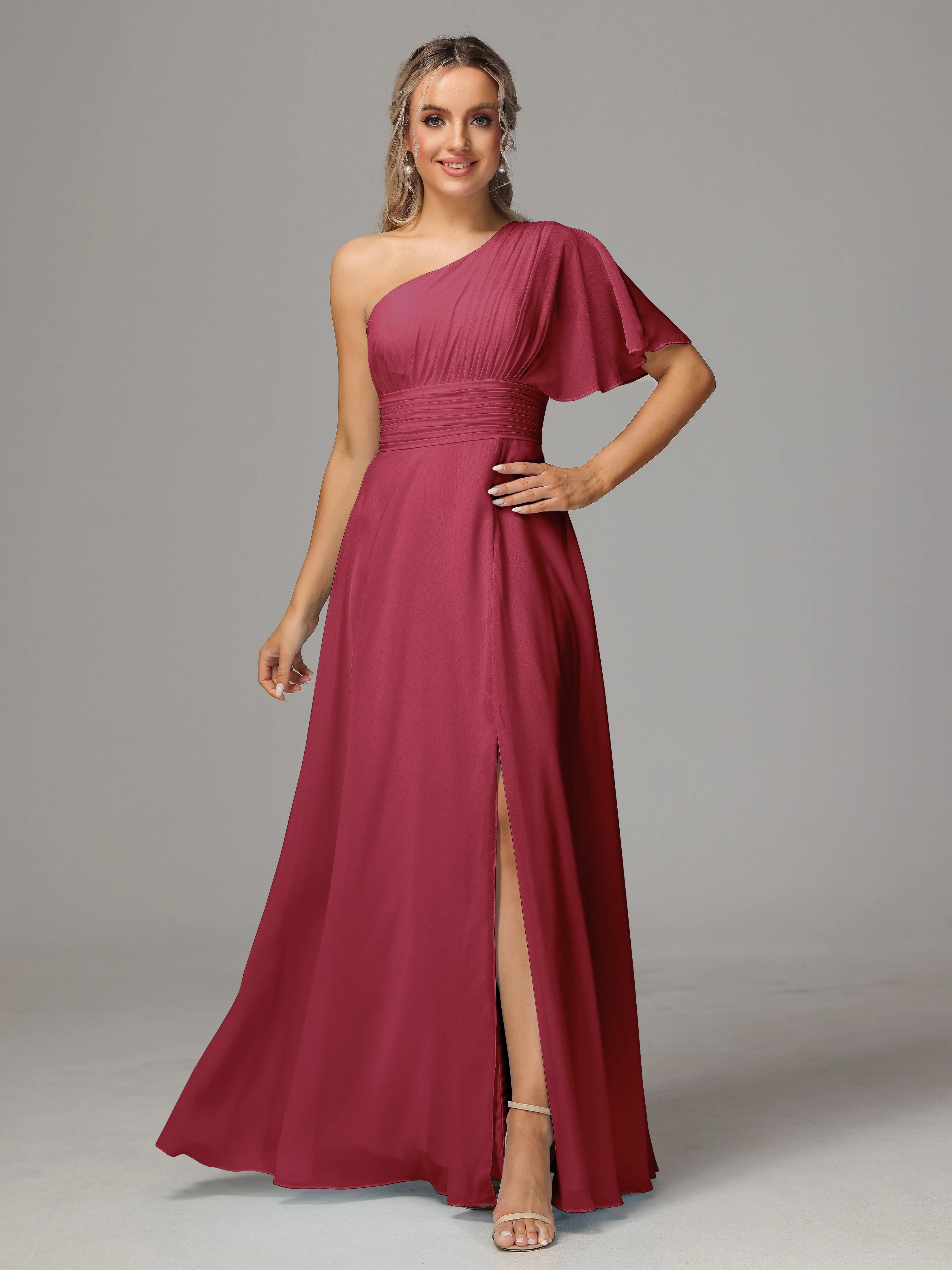 One Shoulder Ruffles Chiffon Bridesmaid Dresses With Split