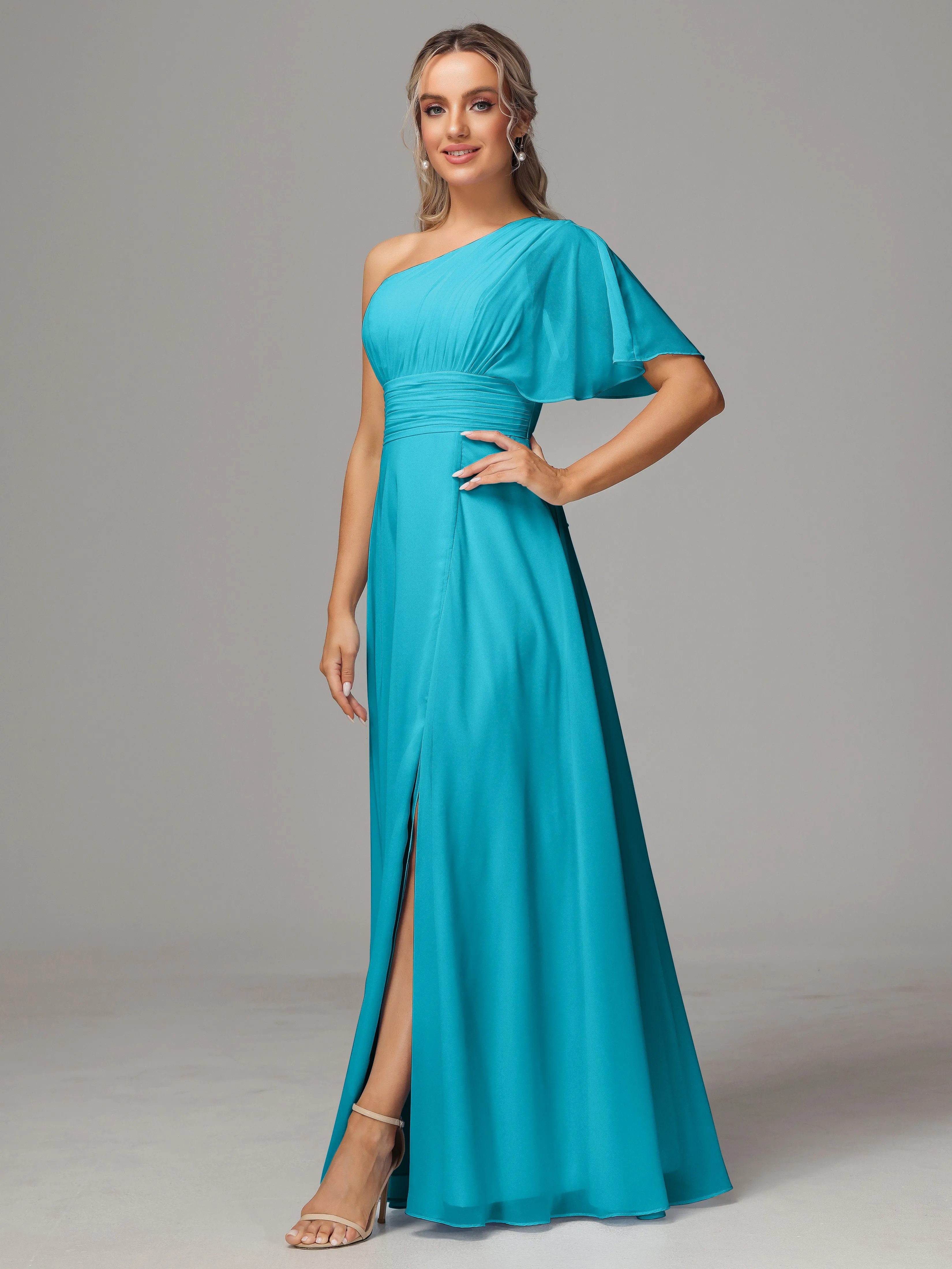 One Shoulder Ruffles Chiffon Bridesmaid Dresses With Split