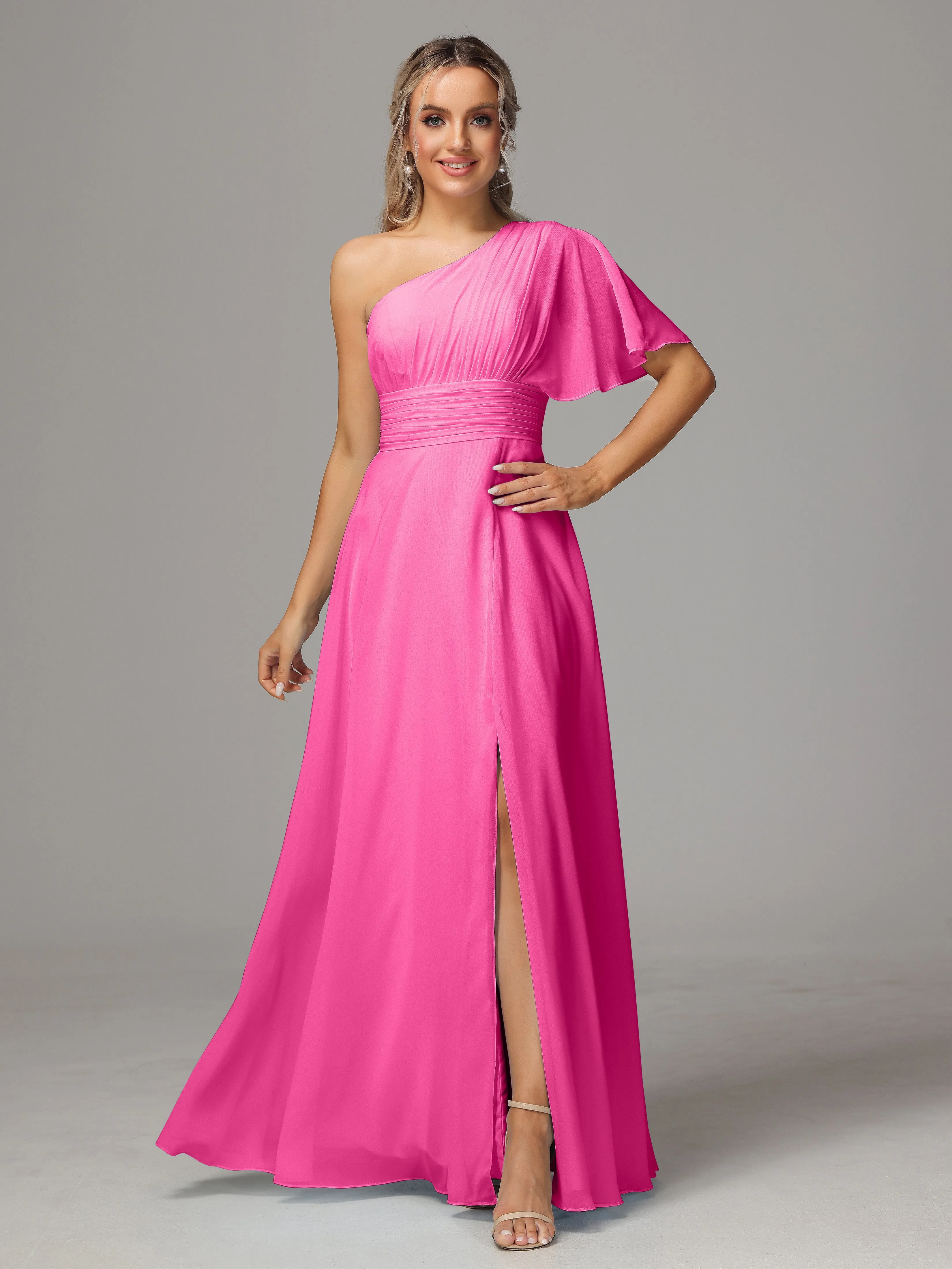 One Shoulder Ruffles Chiffon Bridesmaid Dresses With Split