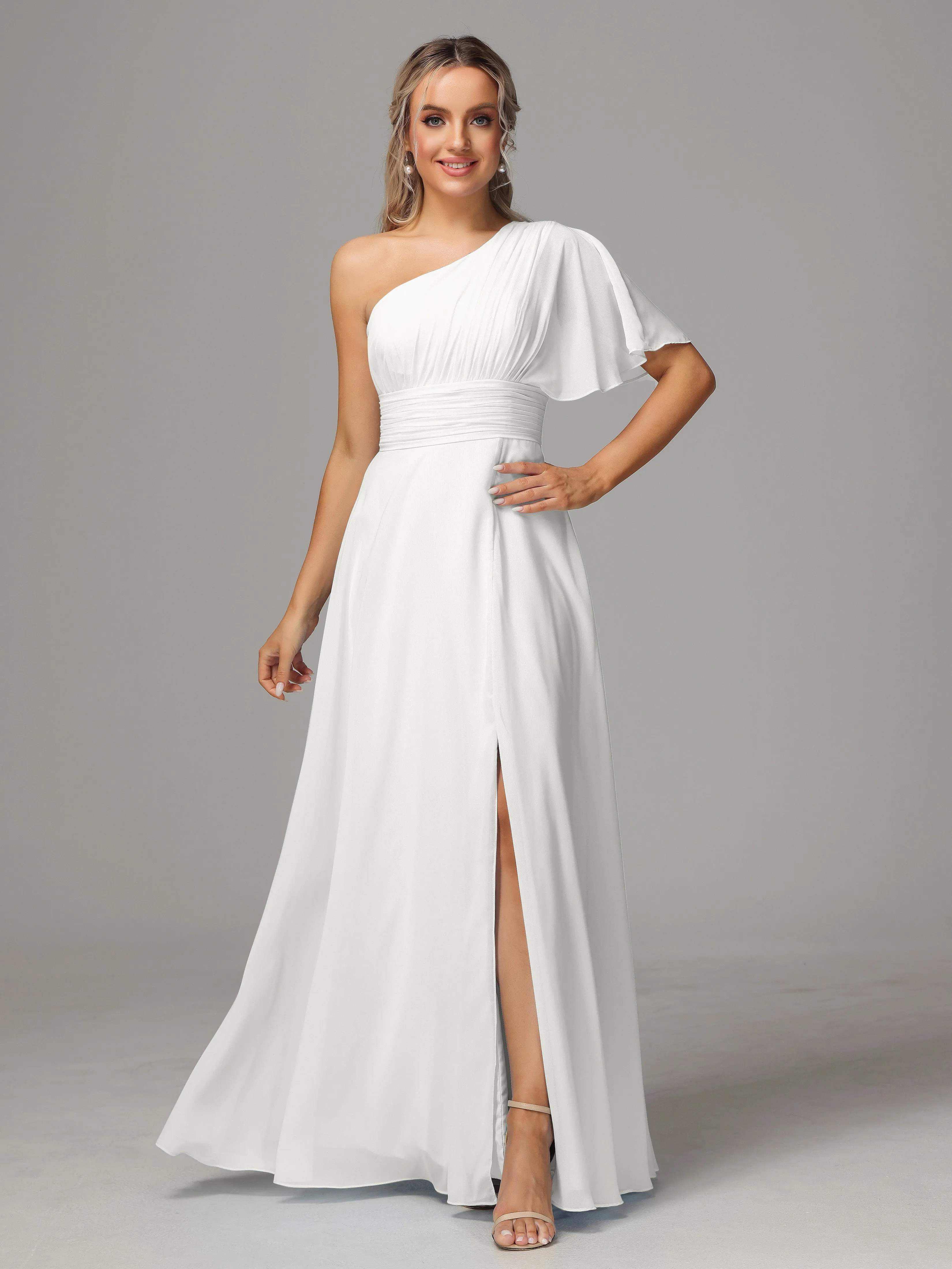 One Shoulder Ruffles Chiffon Bridesmaid Dresses With Split