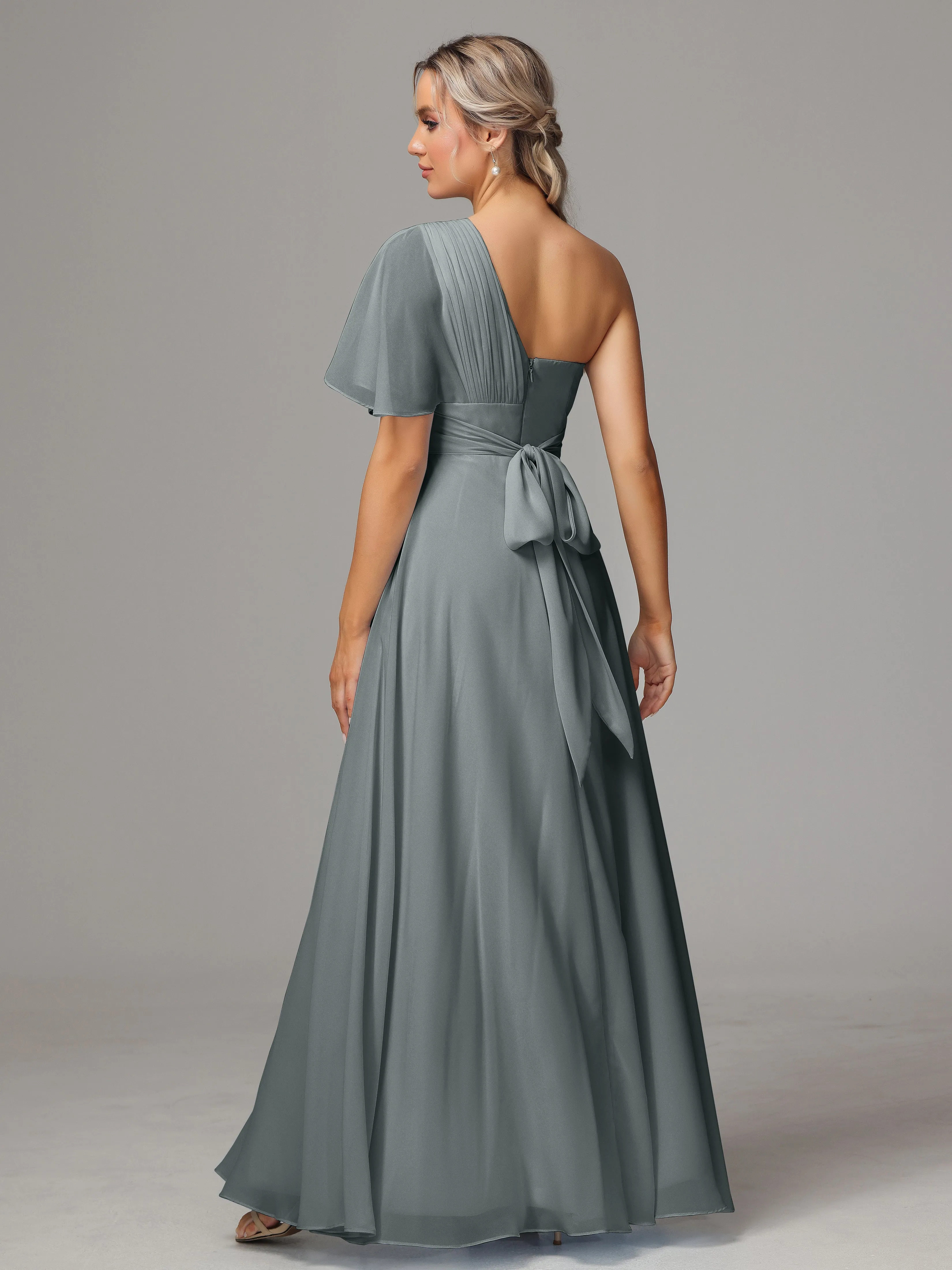 One Shoulder Ruffles Chiffon Bridesmaid Dresses With Split