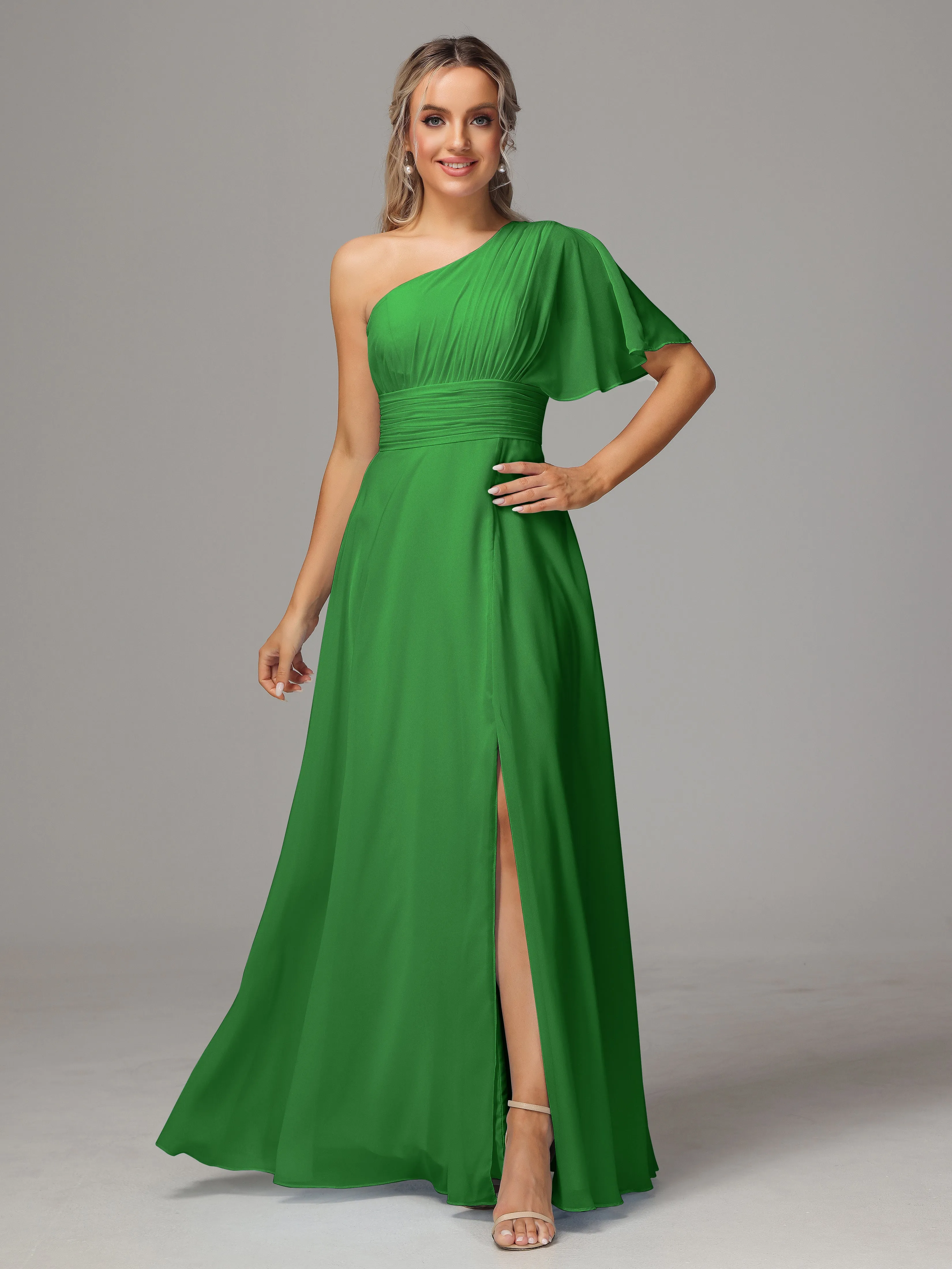 One Shoulder Ruffles Chiffon Bridesmaid Dresses With Split