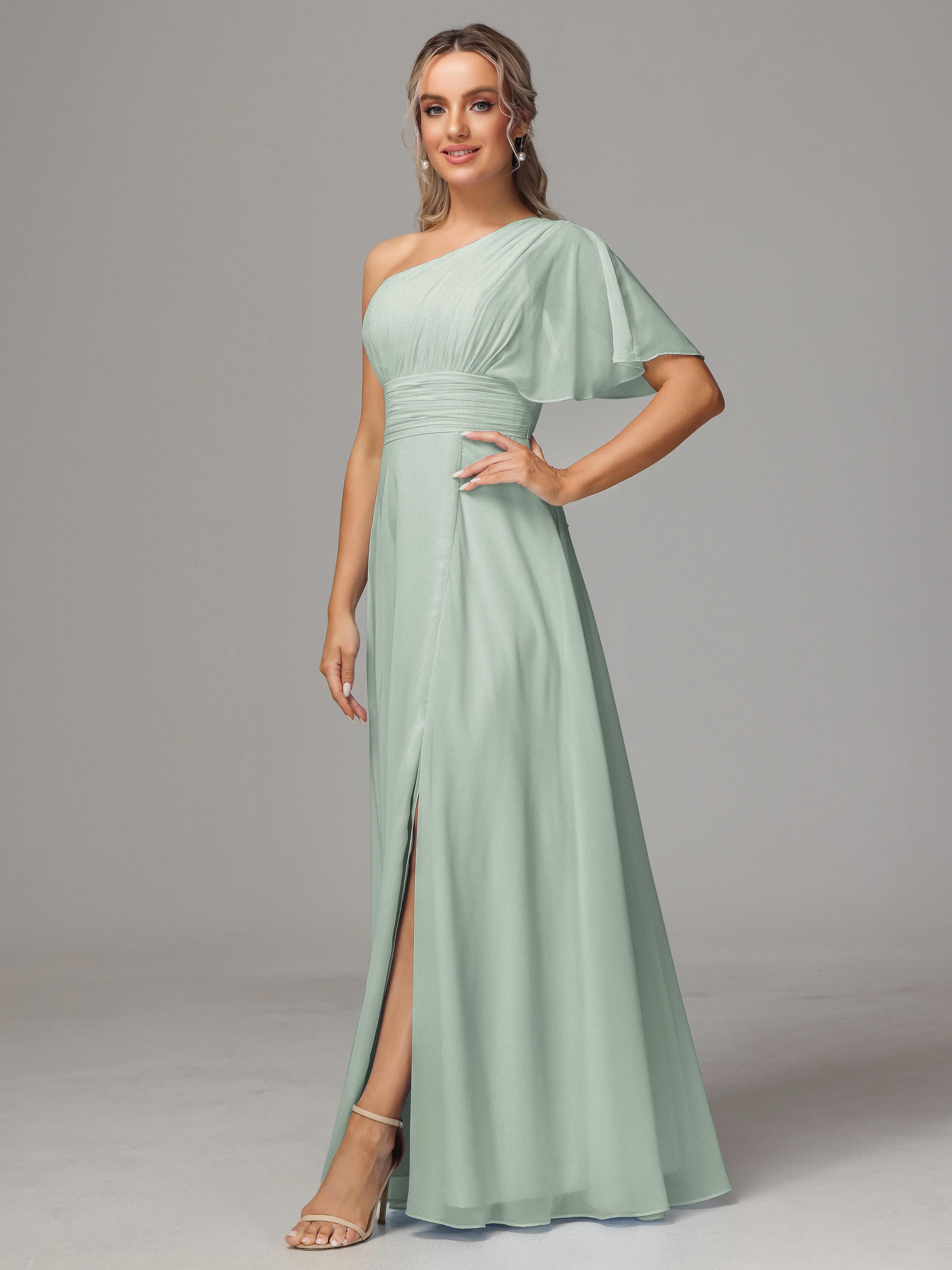 One Shoulder Ruffles Chiffon Bridesmaid Dresses With Split