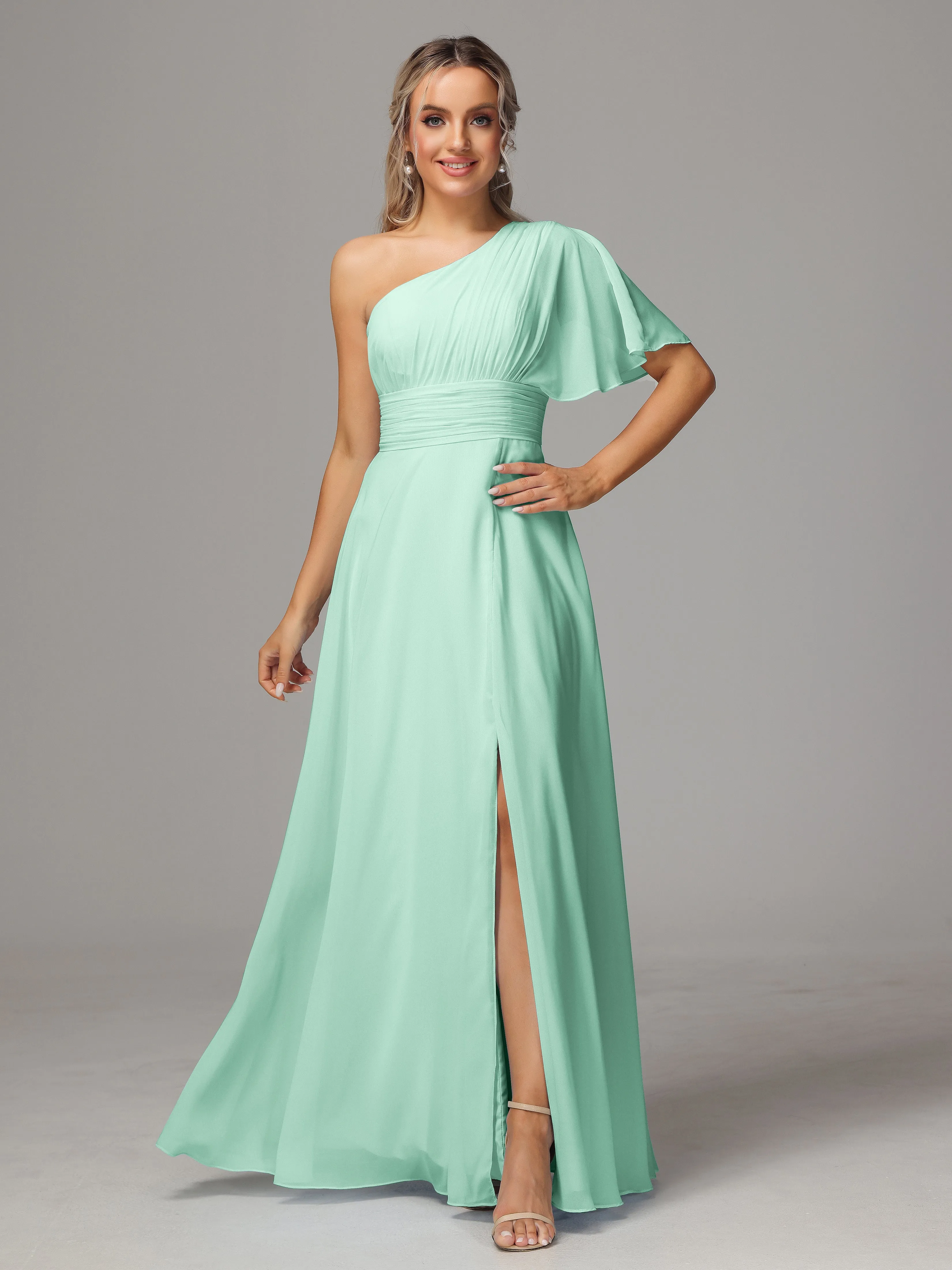 One Shoulder Ruffles Chiffon Bridesmaid Dresses With Split