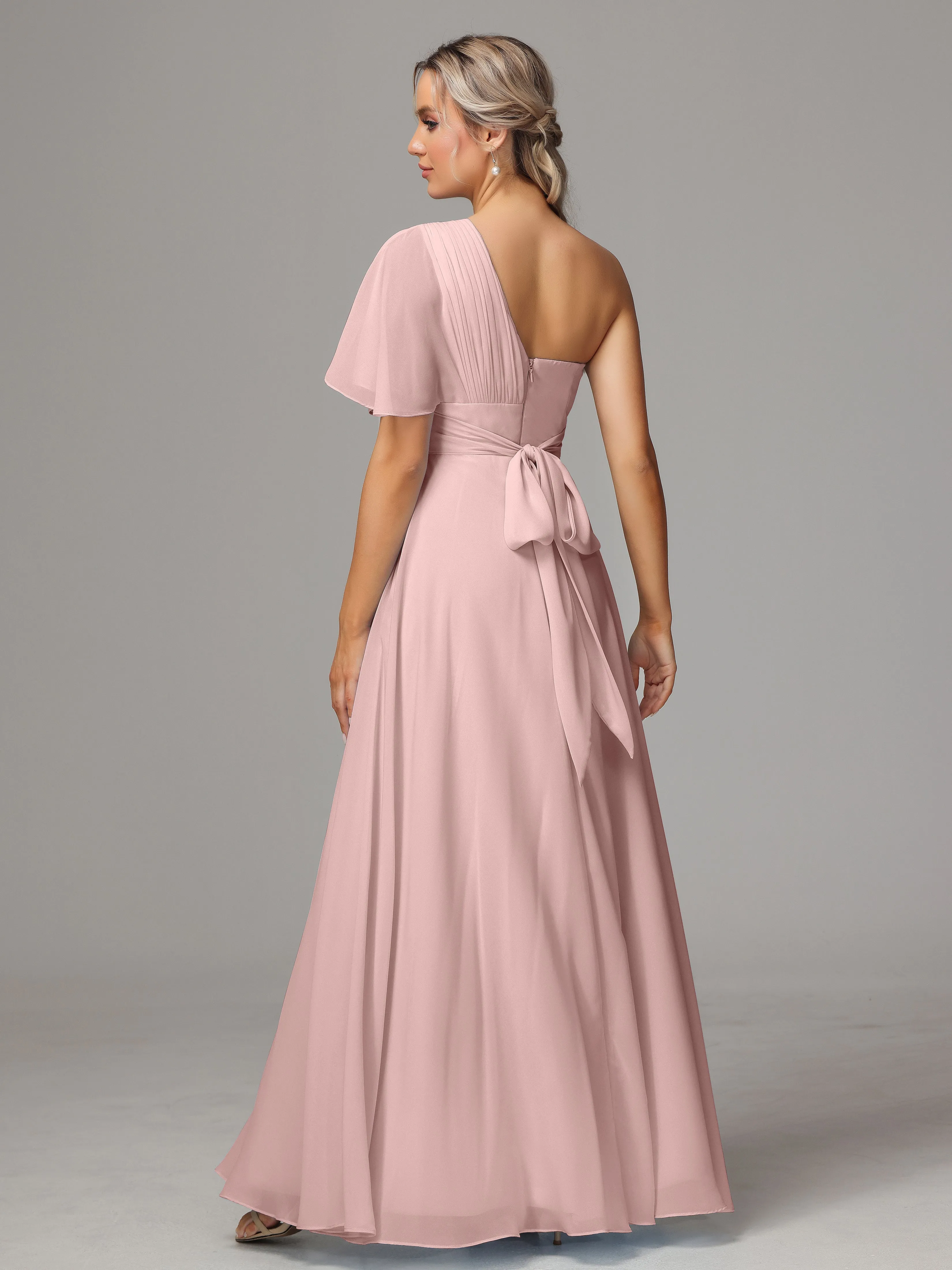 One Shoulder Ruffles Chiffon Bridesmaid Dresses With Split