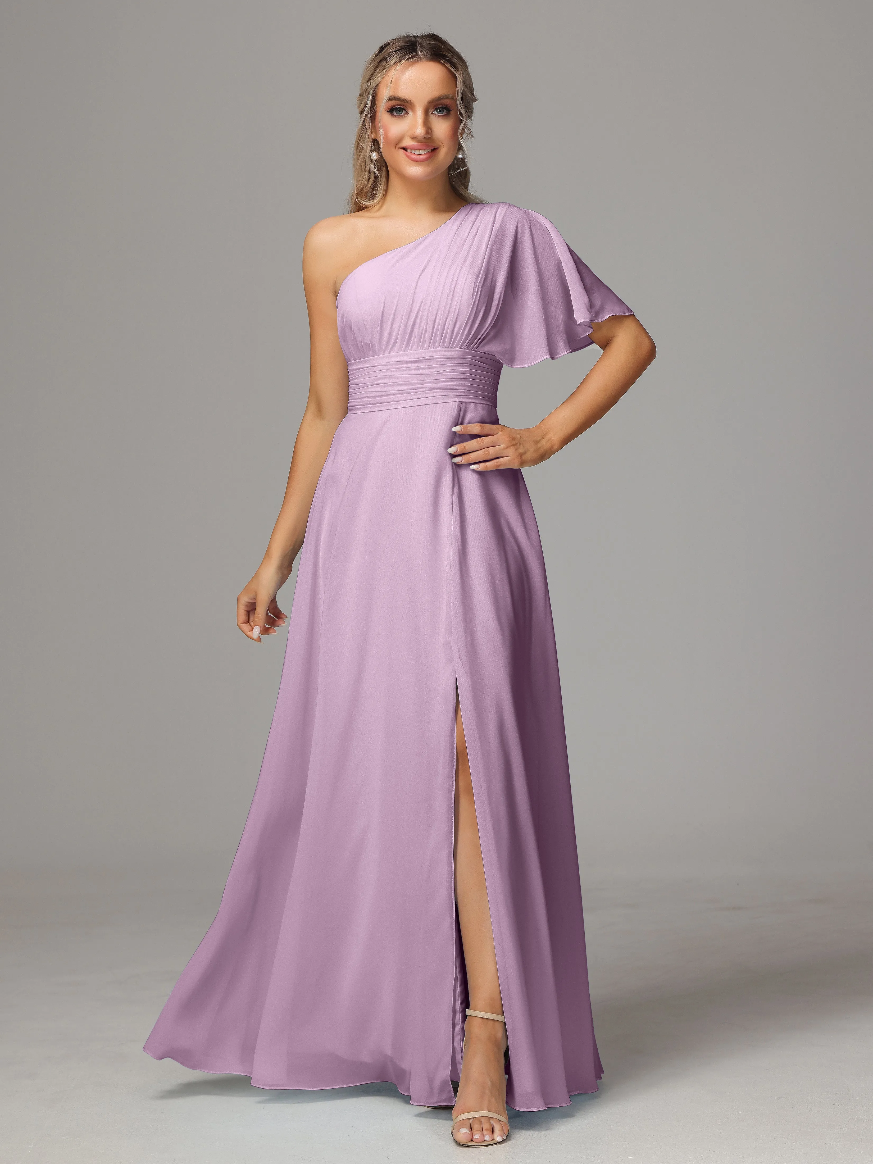 One Shoulder Ruffles Chiffon Bridesmaid Dresses With Split