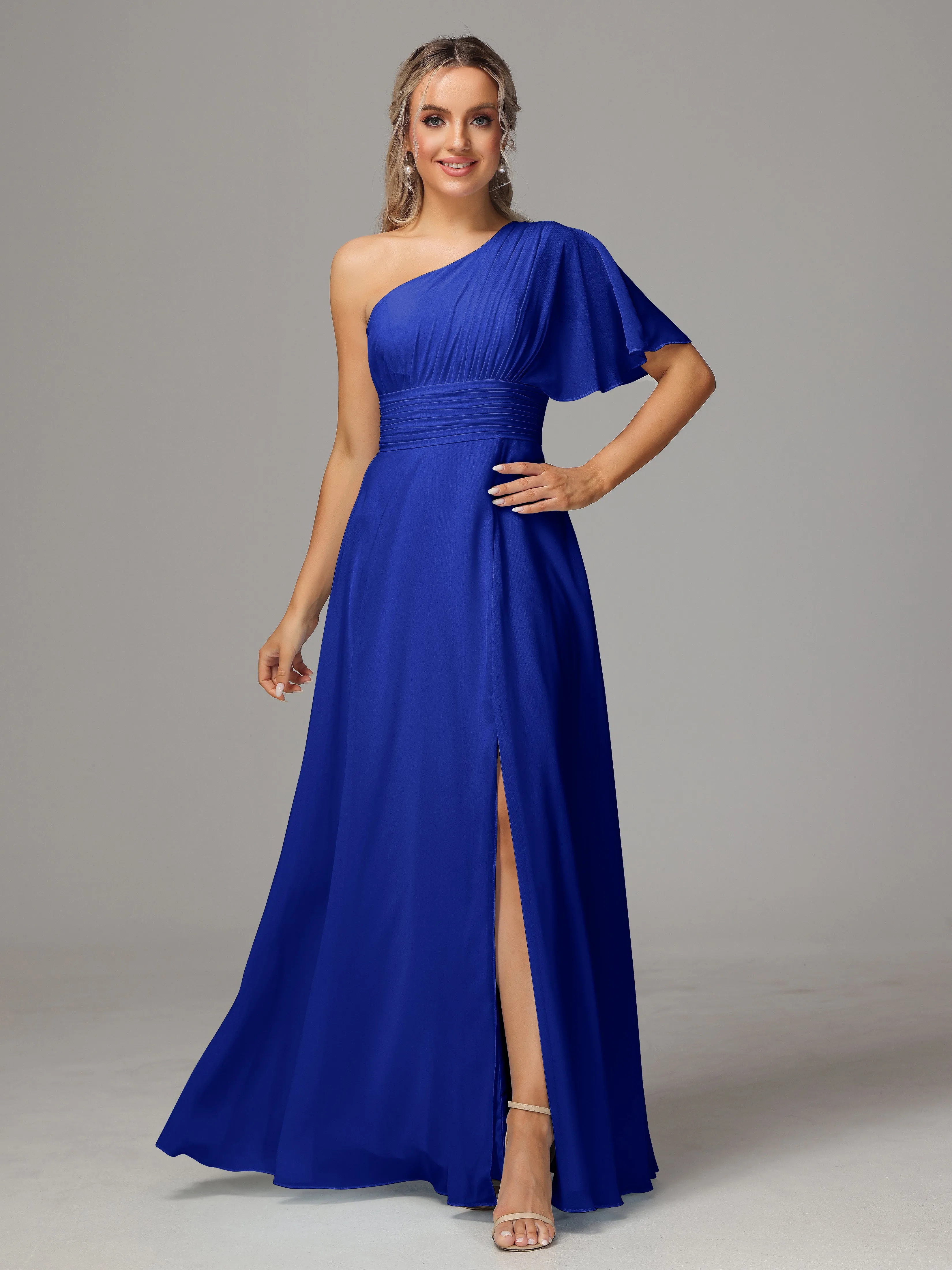 One Shoulder Ruffles Chiffon Bridesmaid Dresses With Split