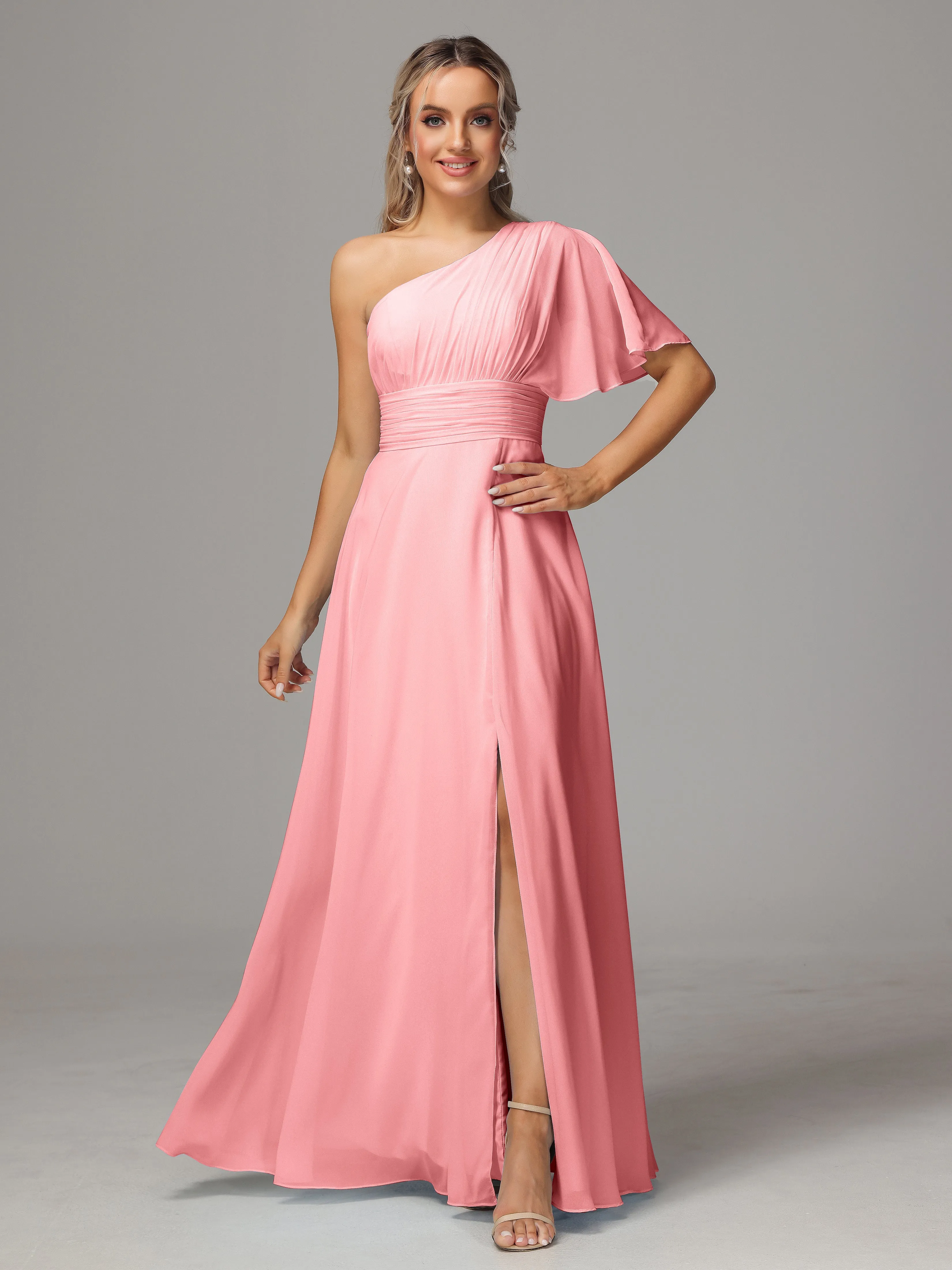 One Shoulder Ruffles Chiffon Bridesmaid Dresses With Split