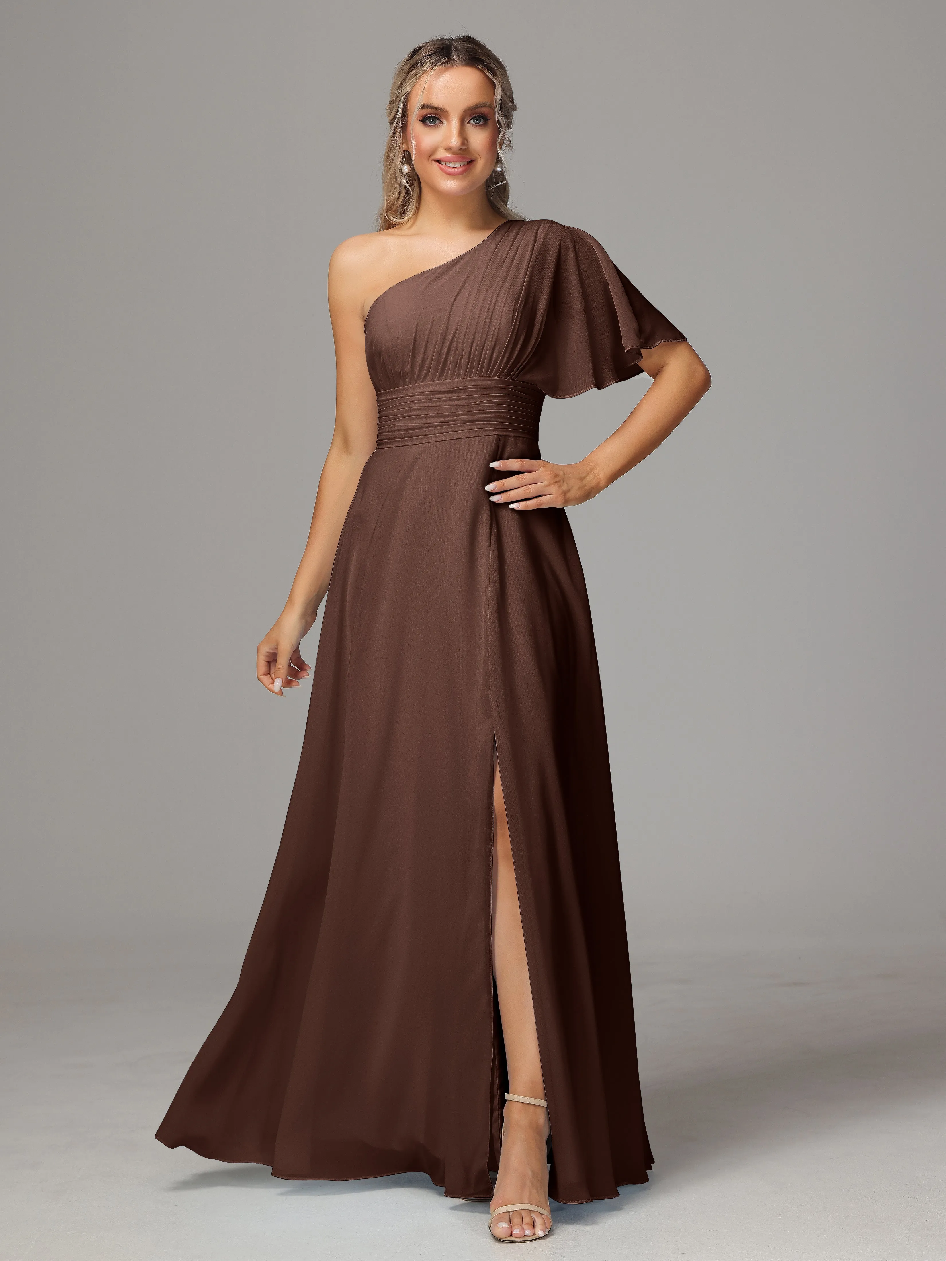 One Shoulder Ruffles Chiffon Bridesmaid Dresses With Split