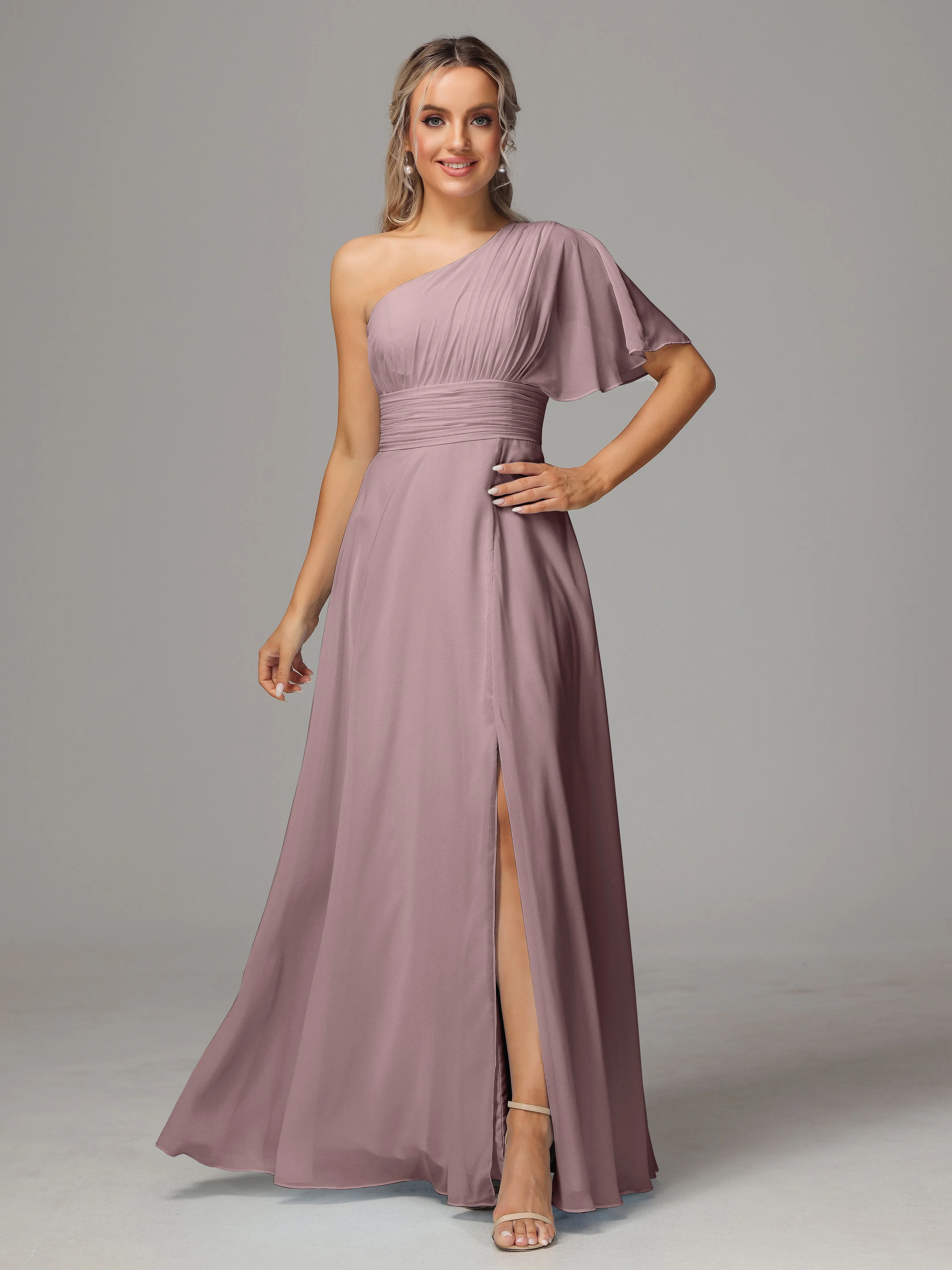 One Shoulder Ruffles Chiffon Bridesmaid Dresses With Split