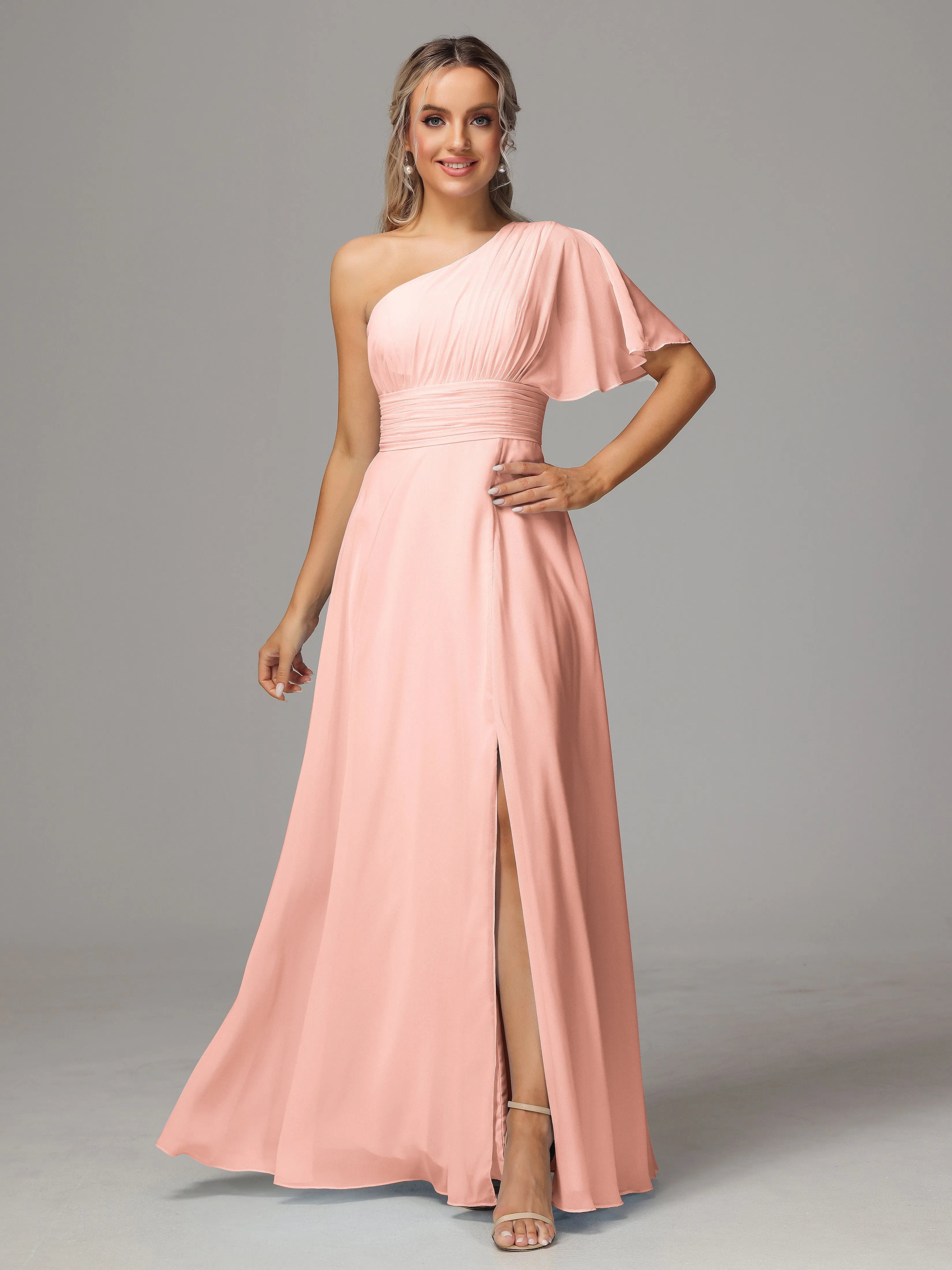 One Shoulder Ruffles Chiffon Bridesmaid Dresses With Split