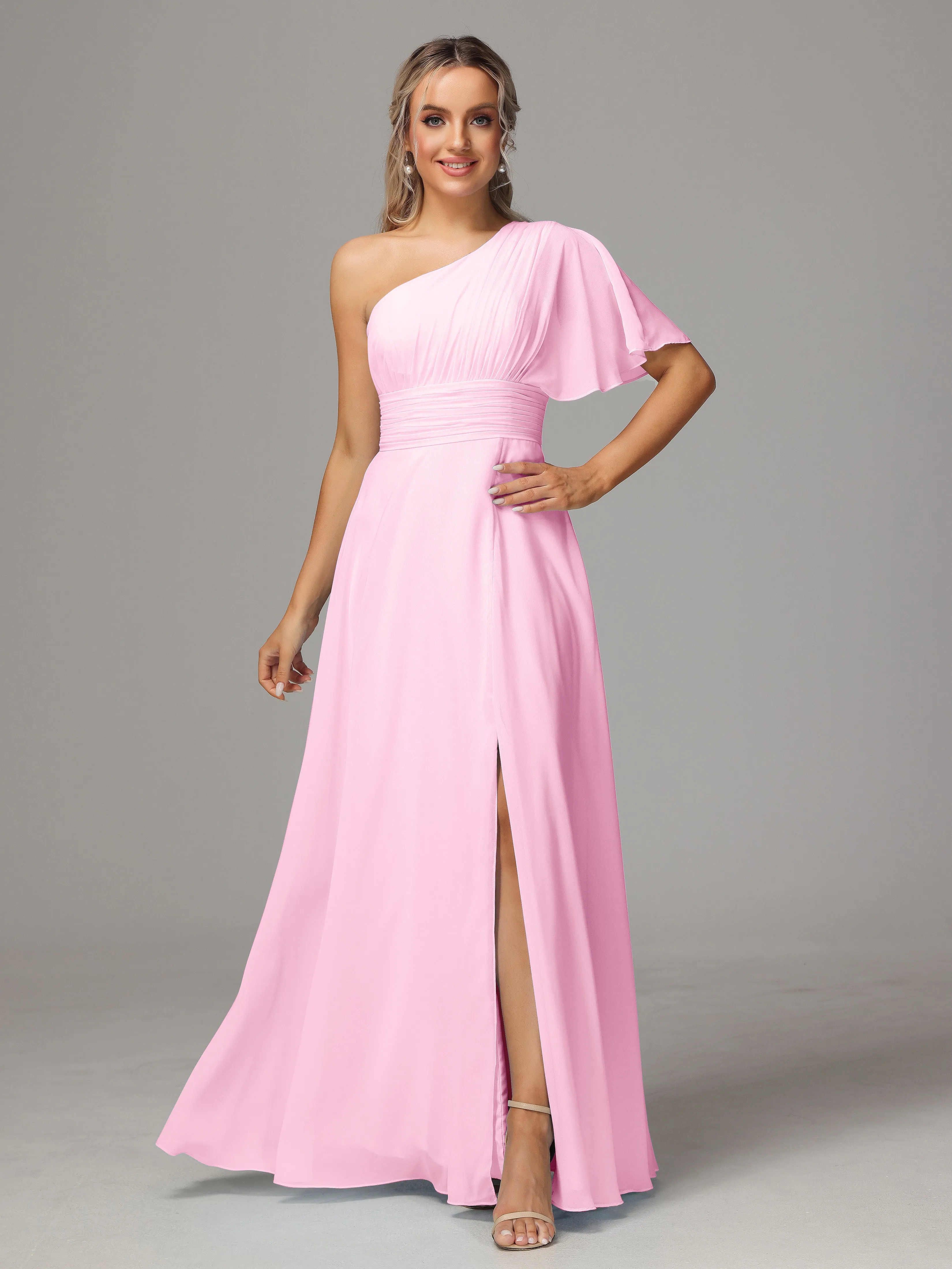 One Shoulder Ruffles Chiffon Bridesmaid Dresses With Split