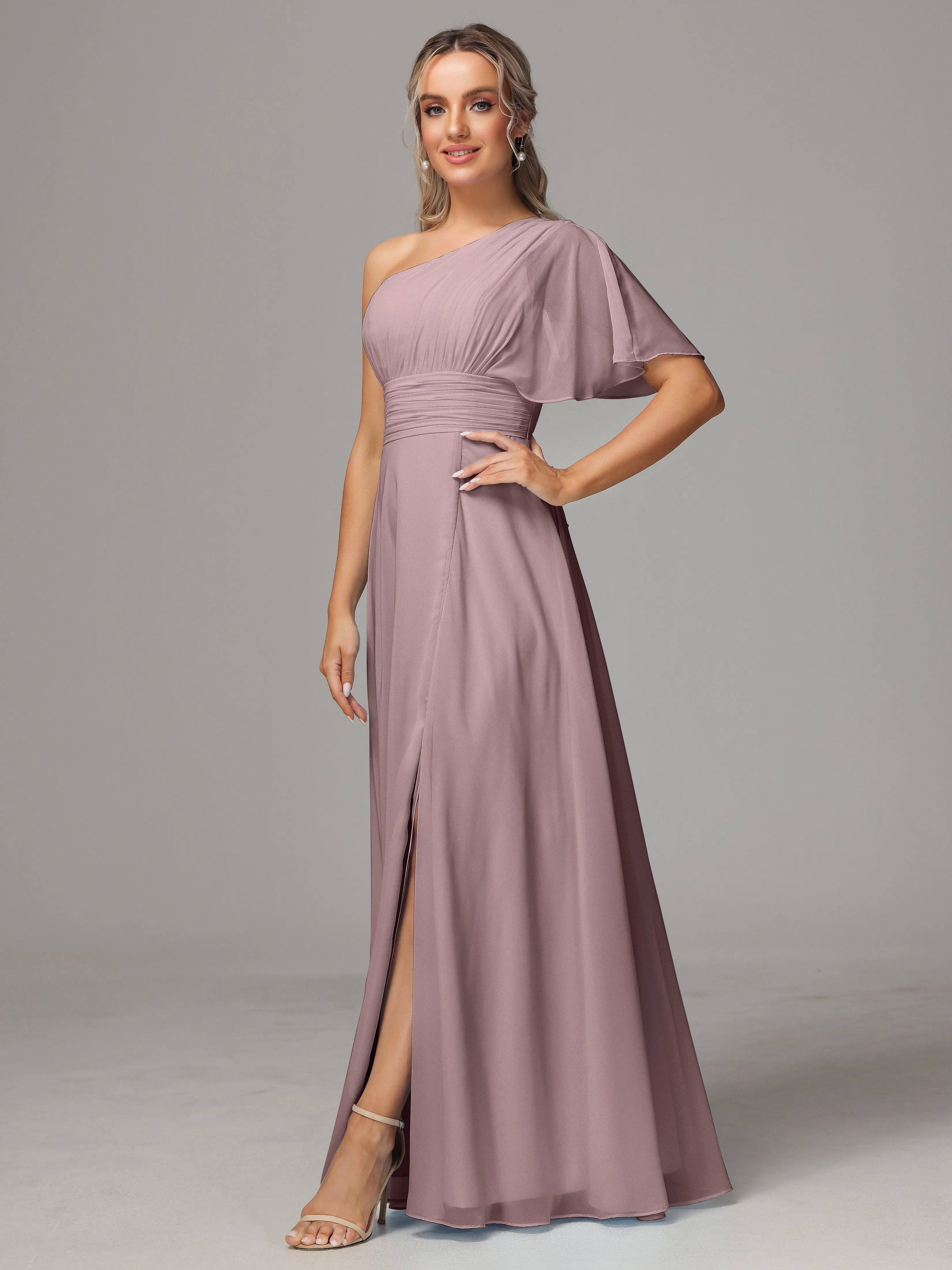 One Shoulder Ruffles Chiffon Bridesmaid Dresses With Split