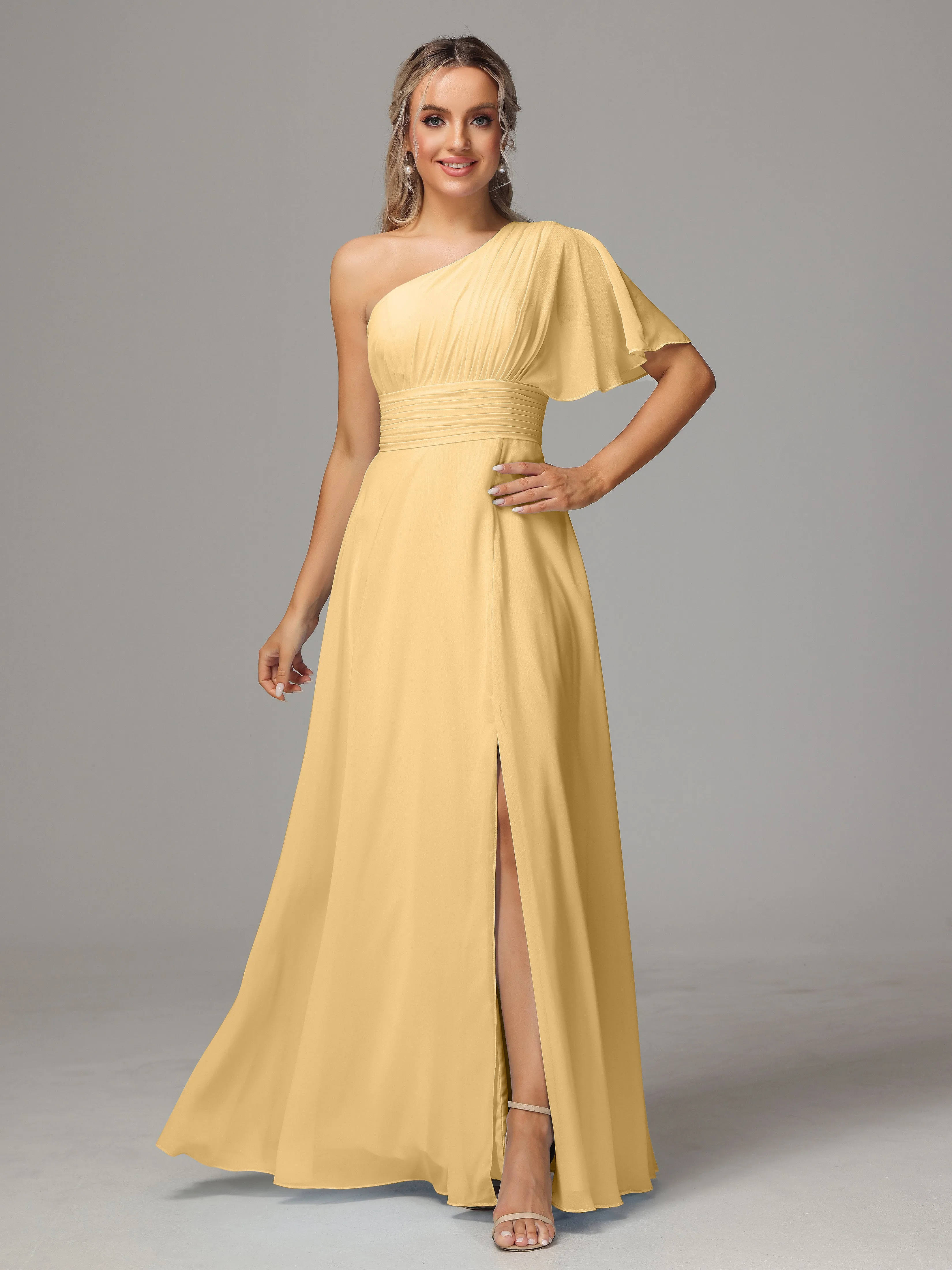 One Shoulder Ruffles Chiffon Bridesmaid Dresses With Split