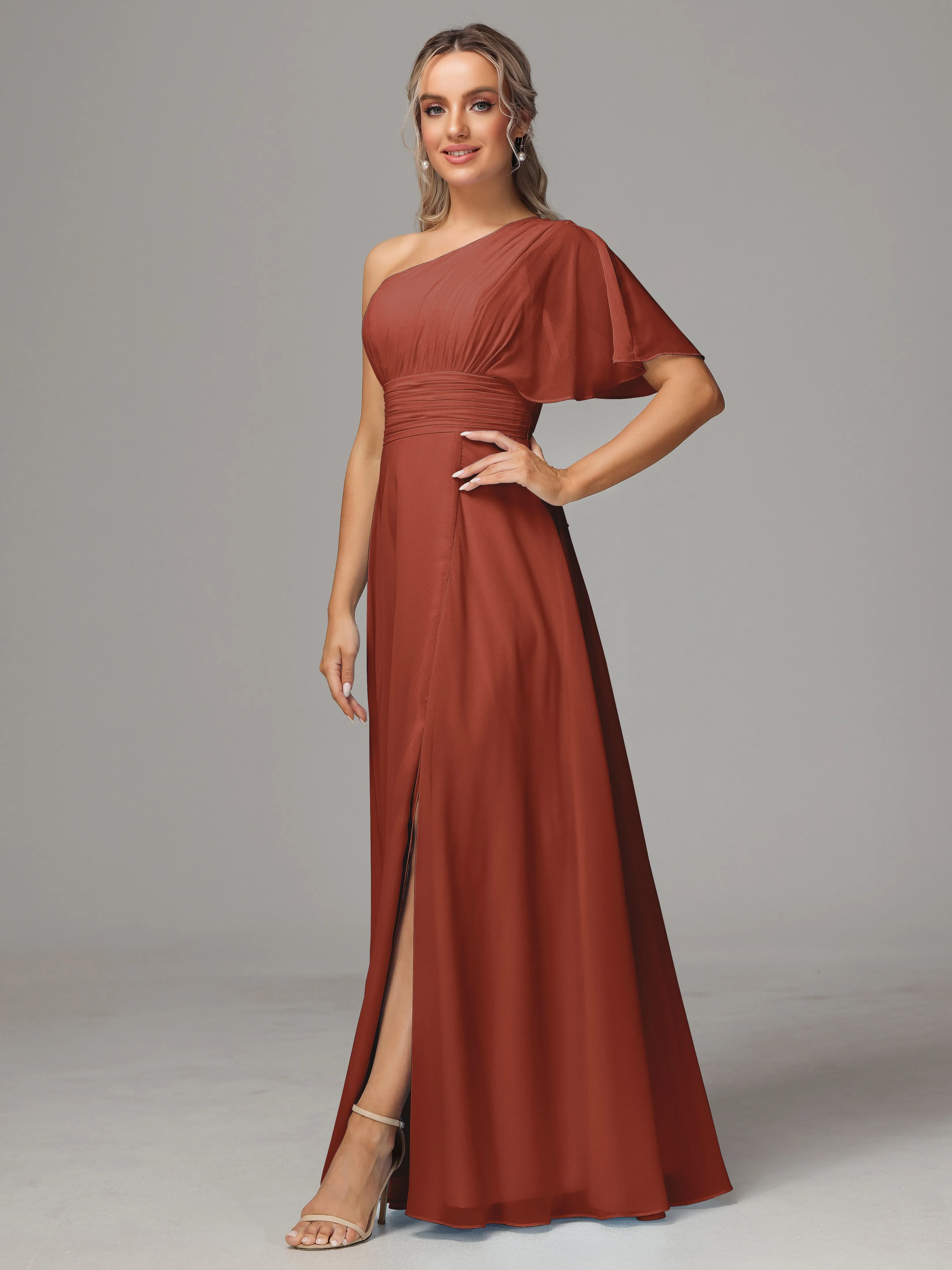 One Shoulder Ruffles Chiffon Bridesmaid Dresses With Split