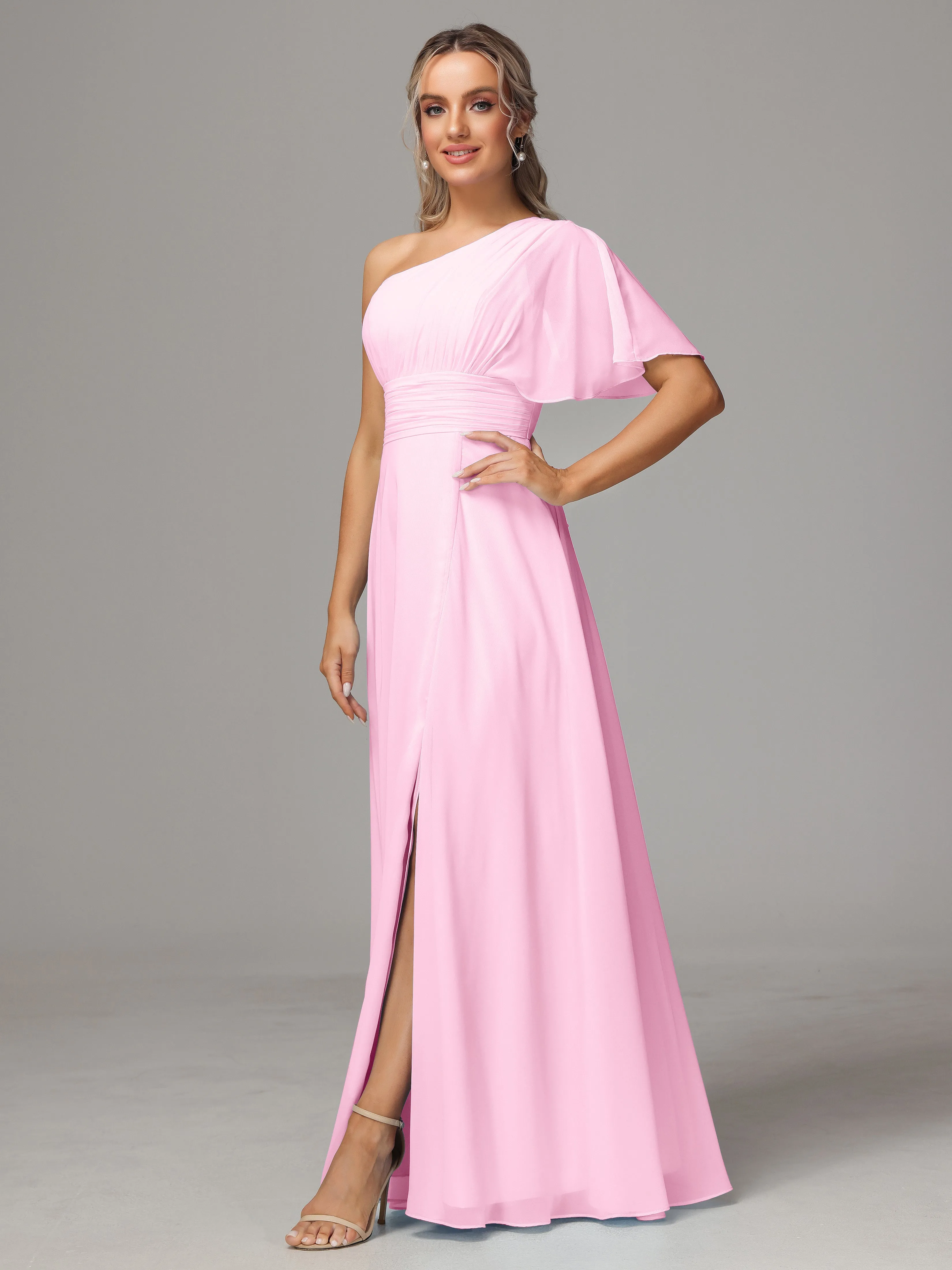 One Shoulder Ruffles Chiffon Bridesmaid Dresses With Split