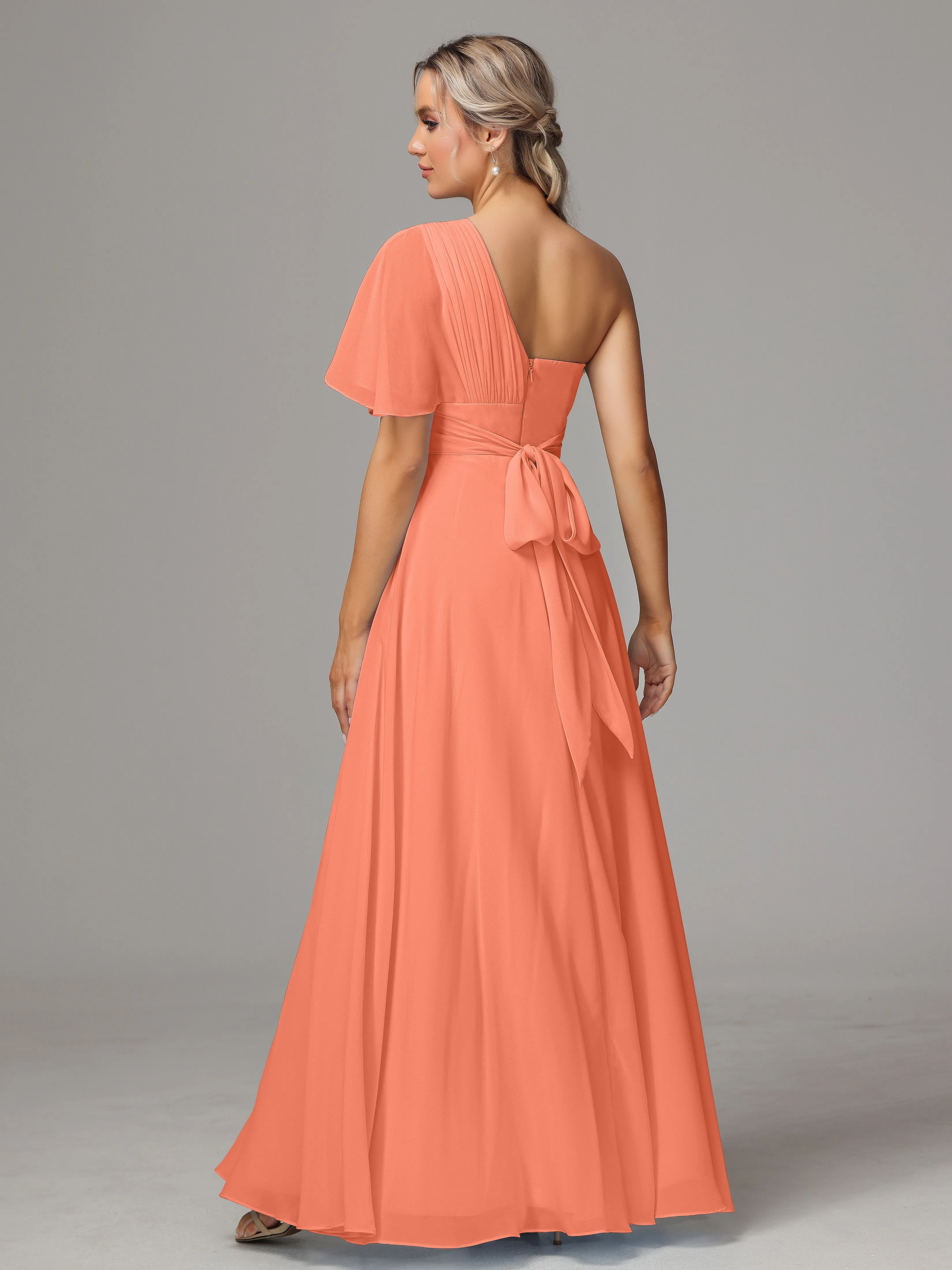 One Shoulder Ruffles Chiffon Bridesmaid Dresses With Split