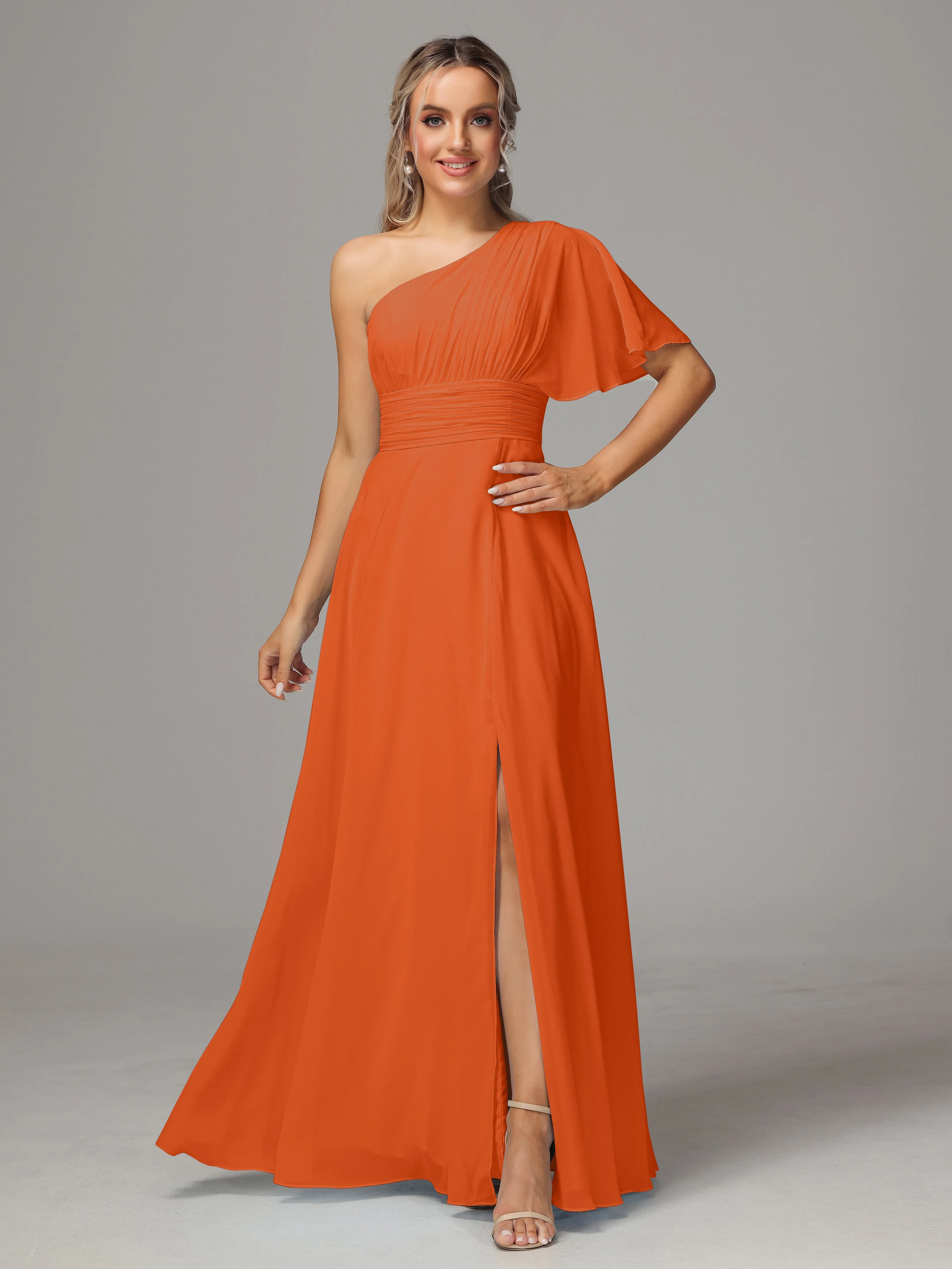 One Shoulder Ruffles Chiffon Bridesmaid Dresses With Split