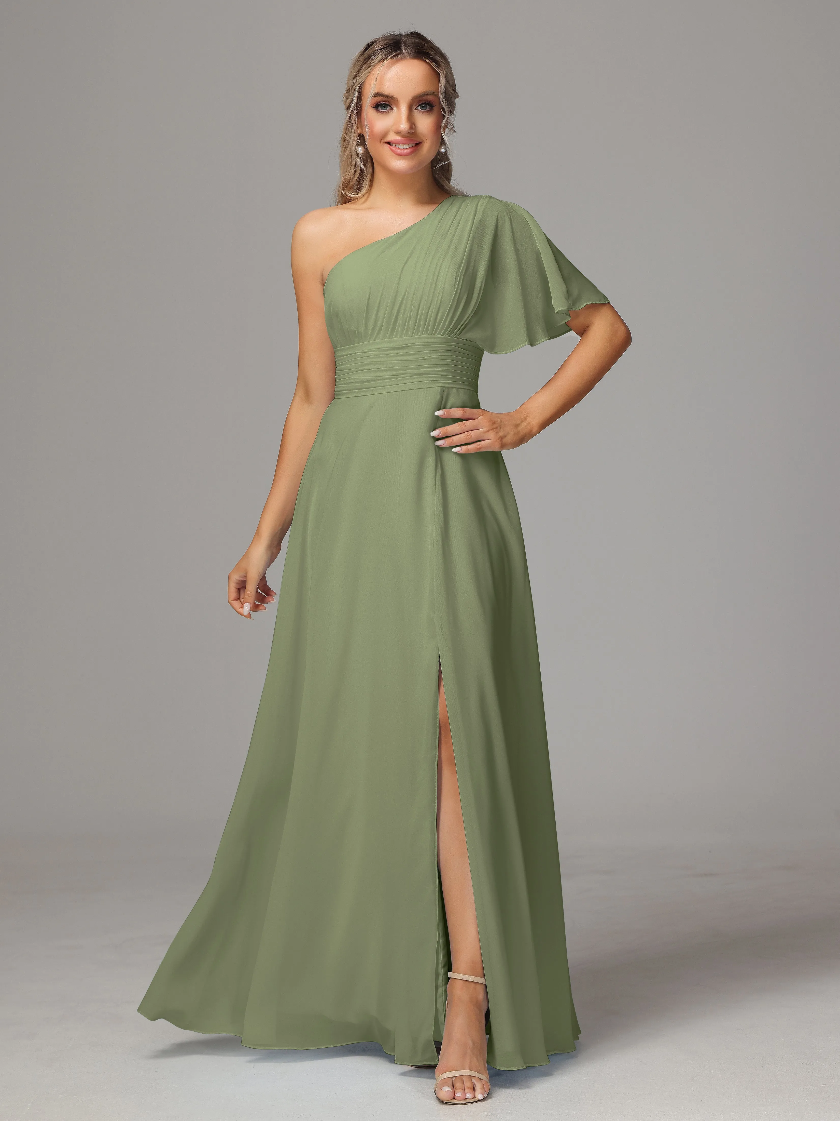 One Shoulder Ruffles Chiffon Bridesmaid Dresses With Split