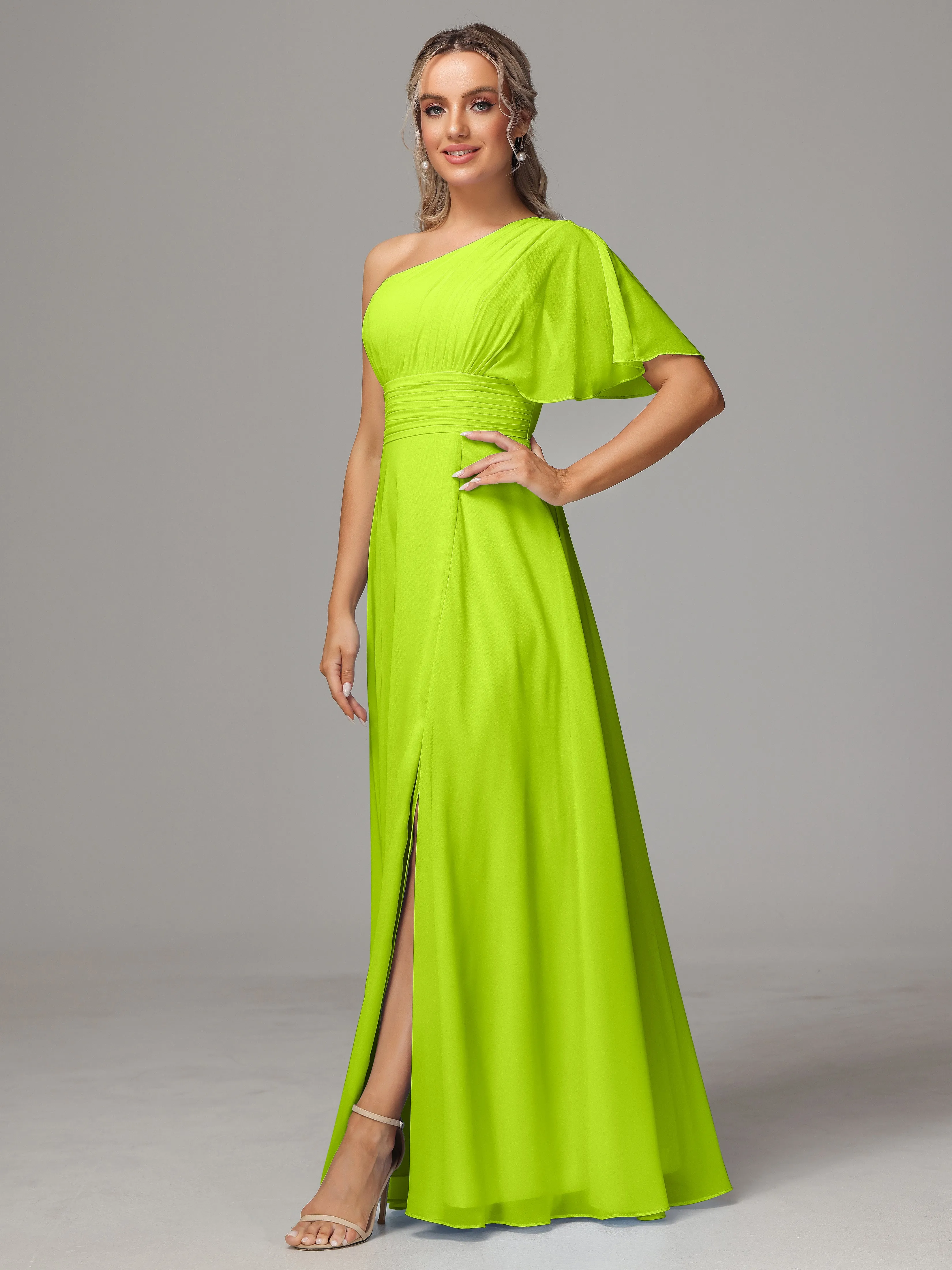 One Shoulder Ruffles Chiffon Bridesmaid Dresses With Split