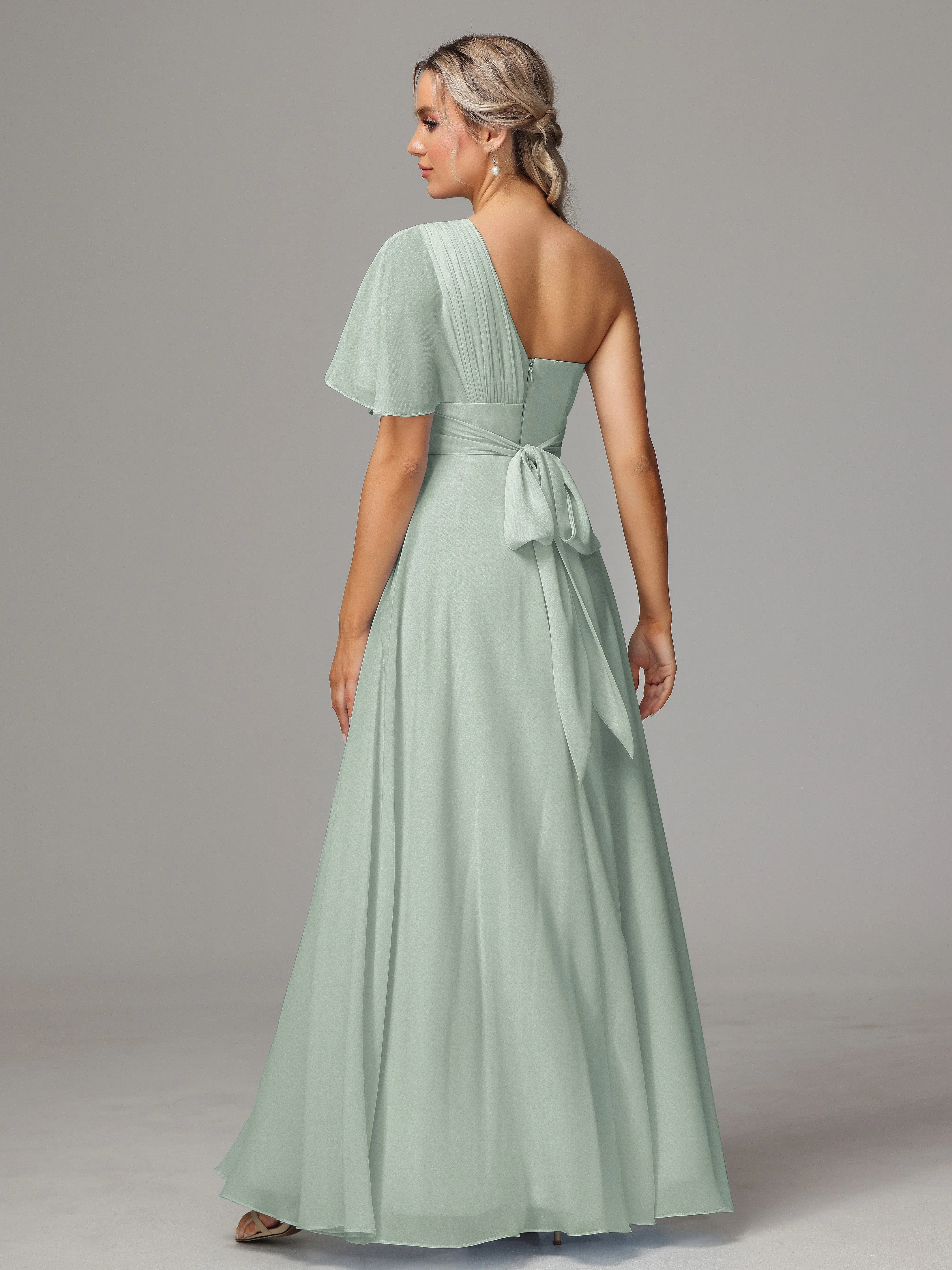 One Shoulder Ruffles Chiffon Bridesmaid Dresses With Split