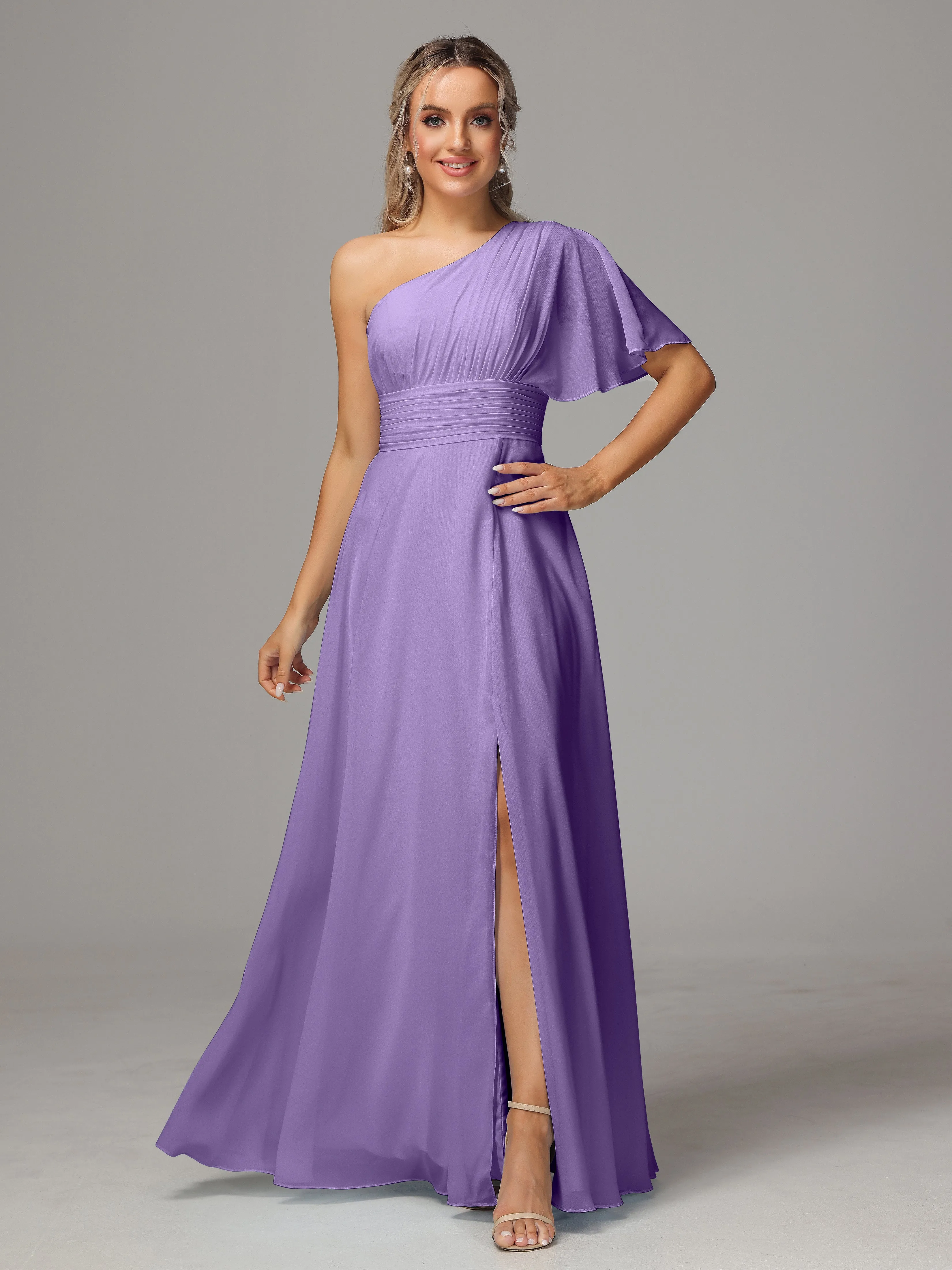 One Shoulder Ruffles Chiffon Bridesmaid Dresses With Split