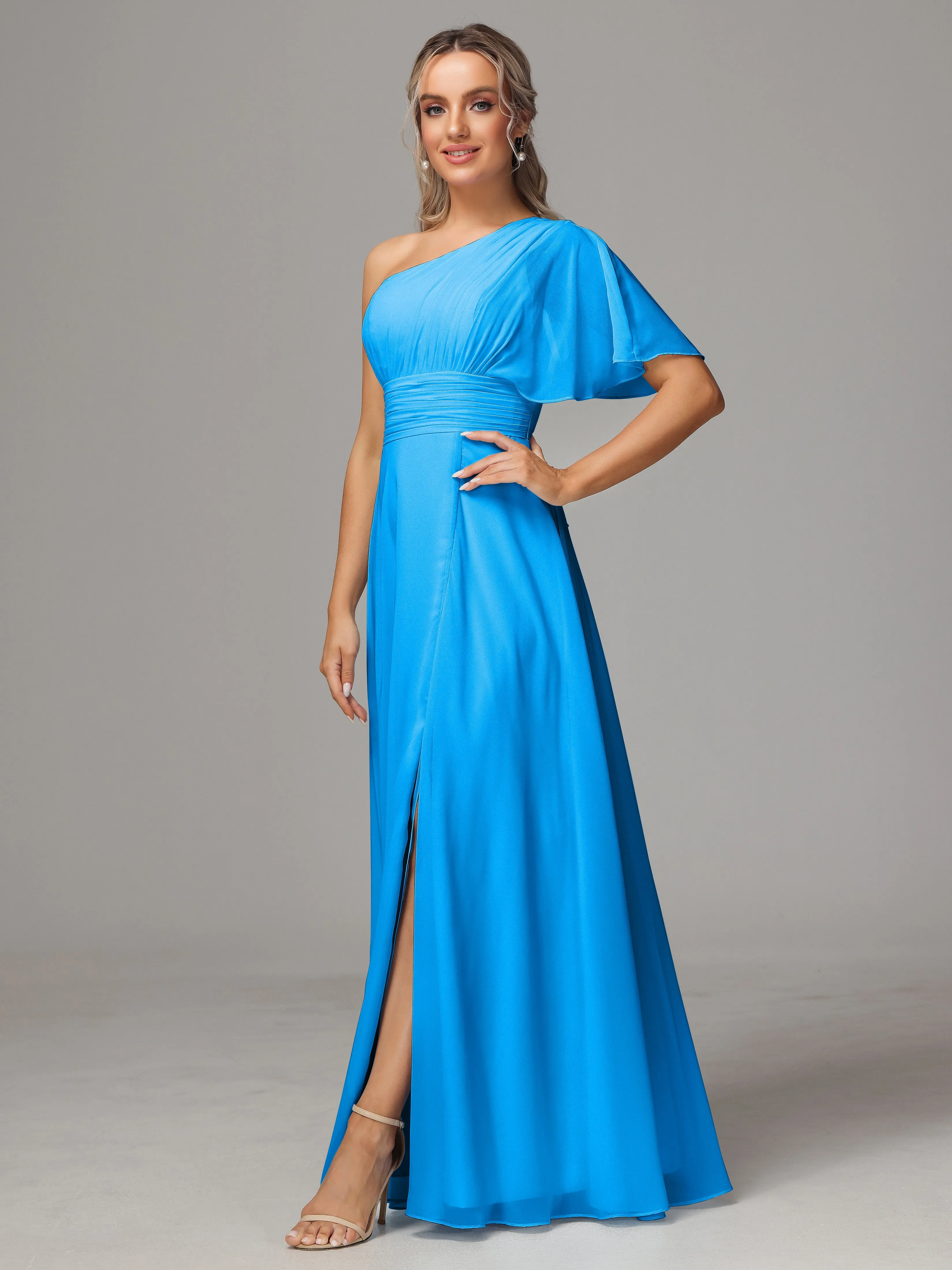 One Shoulder Ruffles Chiffon Bridesmaid Dresses With Split