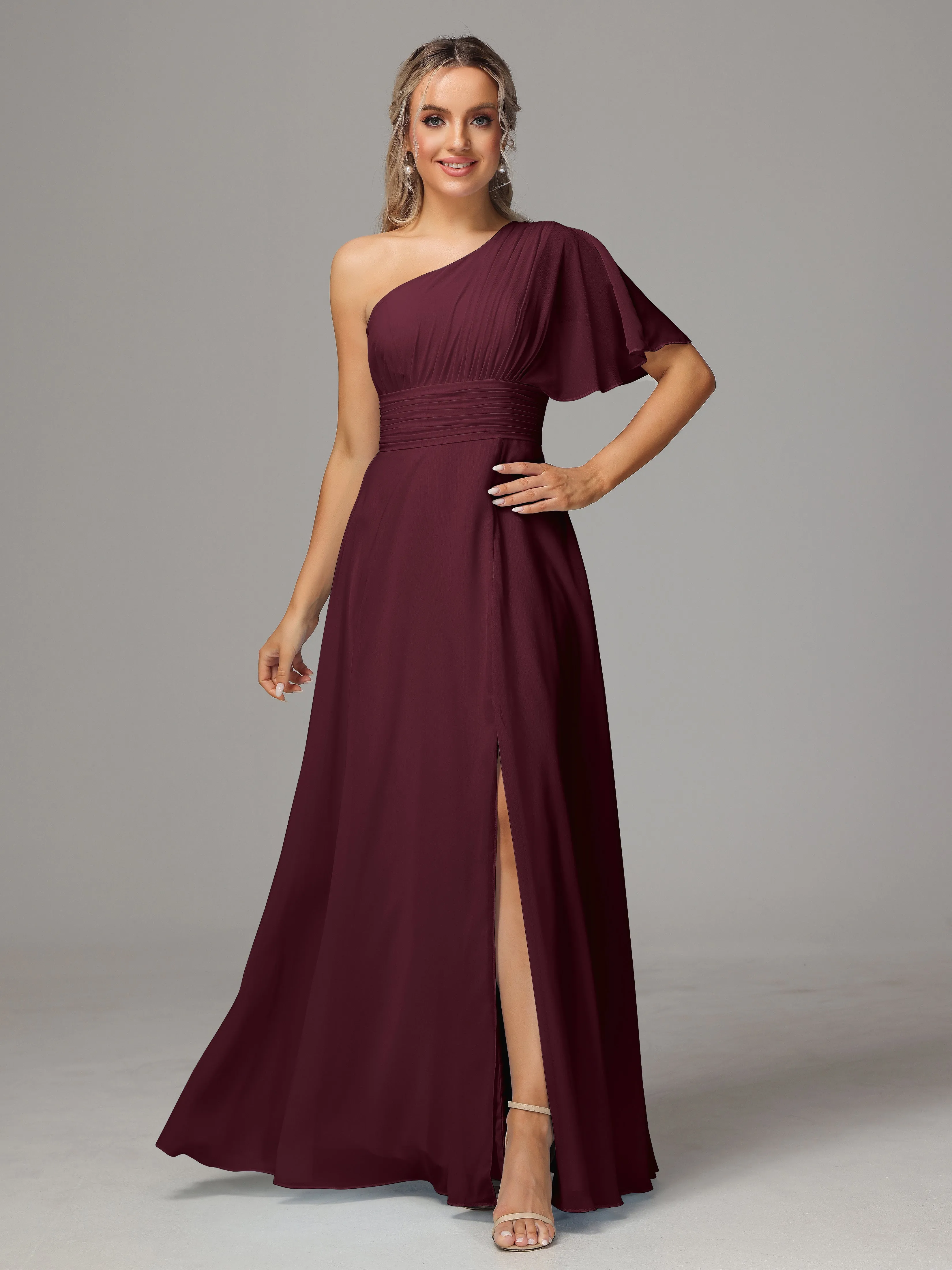 One Shoulder Ruffles Chiffon Bridesmaid Dresses With Split